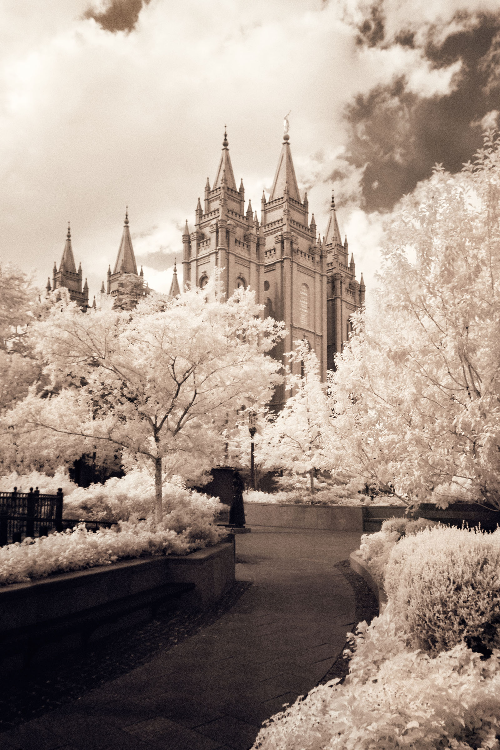 Infrared pathway, Temple art, Serene atmosphere, Spiritual sanctuary, 1600x2400 HD Phone