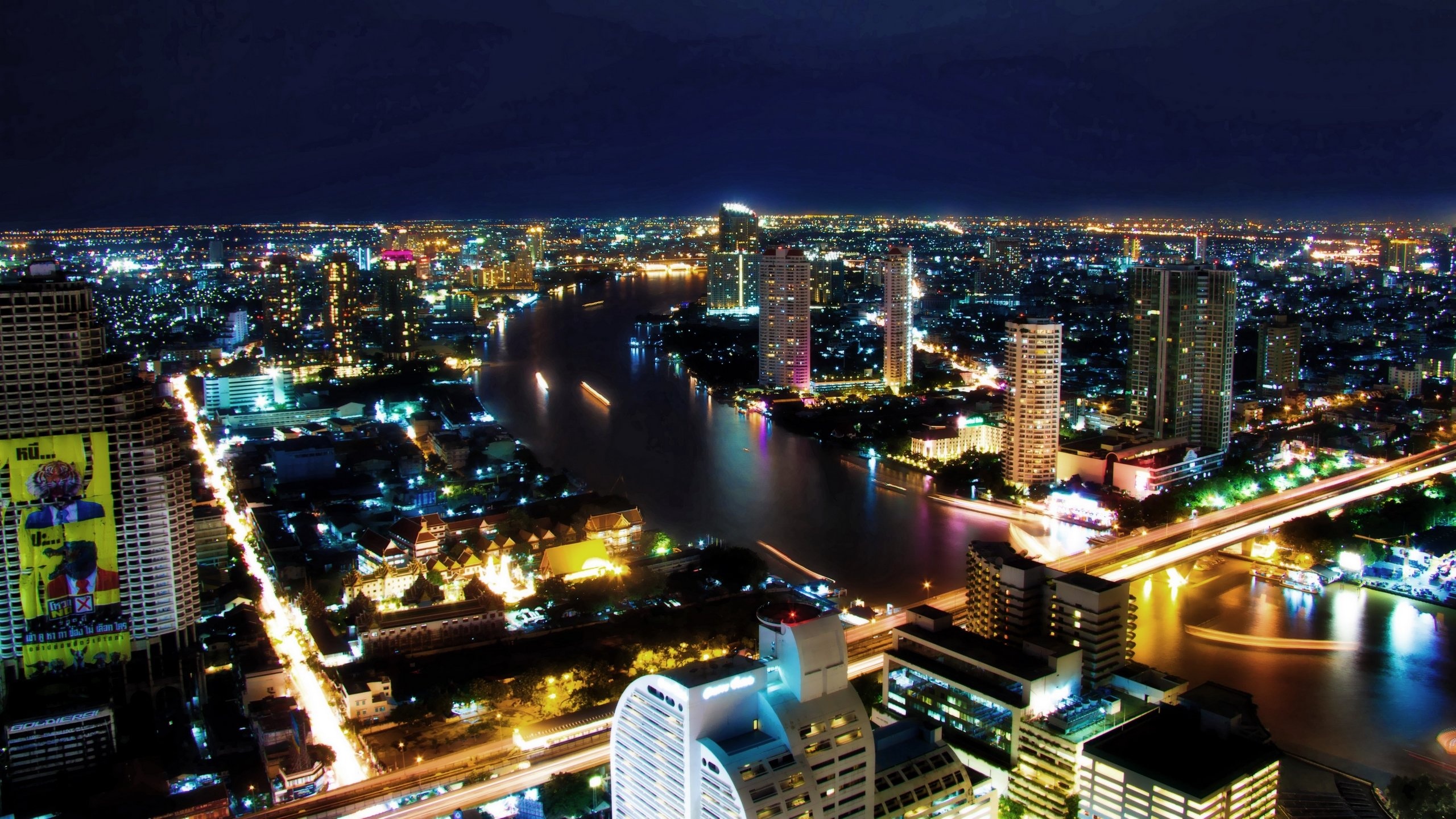 River bridge night, Skyscraper lights, 2560x1440 HD Desktop