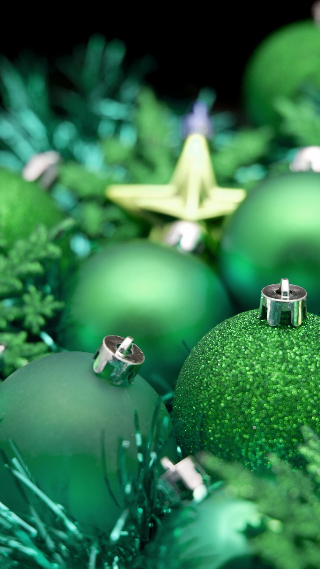 Vibrant decorations, Starry green ornaments, Holiday balls, Festive accents, 1080x1920 Full HD Phone