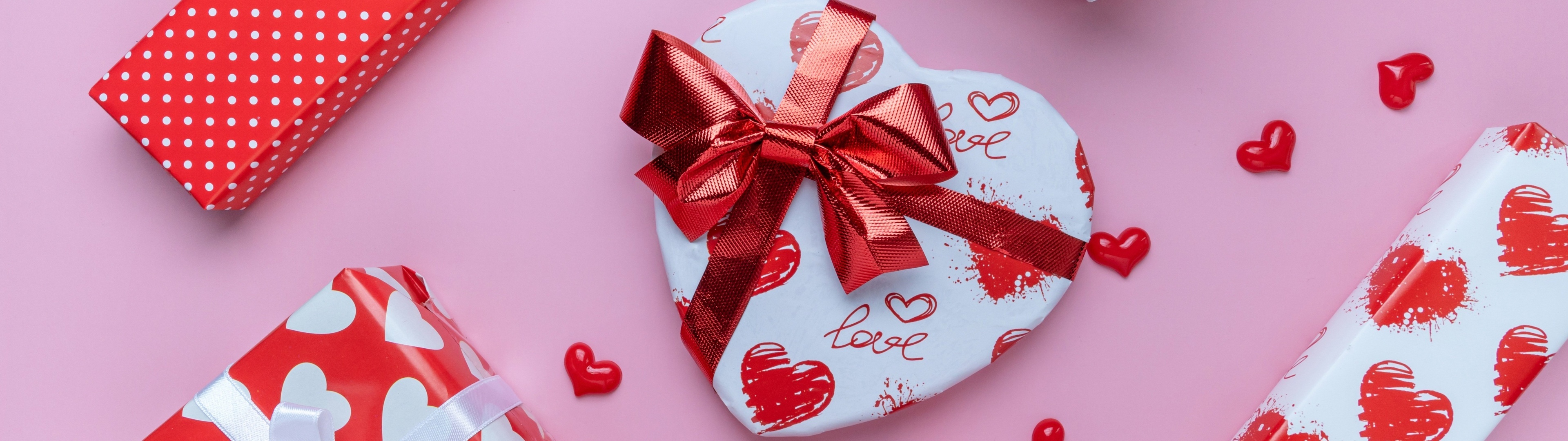 Gift Box, Heart Shape Wallpaper, 3840x1080 Dual Screen Desktop