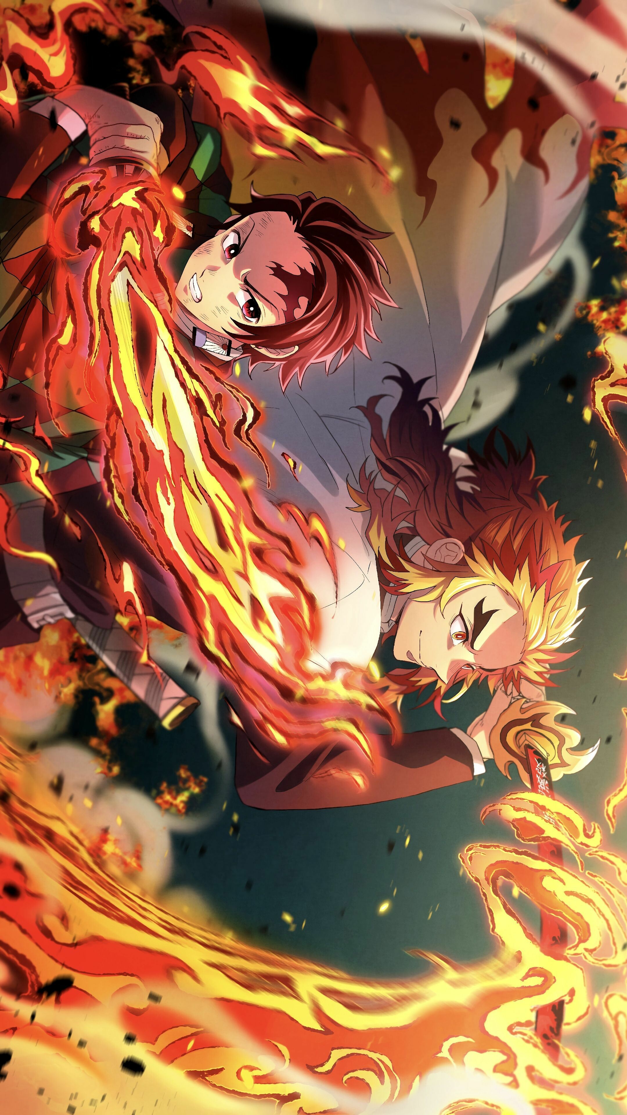 Rengoku and Tanjirou, Demon Slayer: Mugen Train Wallpaper, 2160x3840 4K Phone