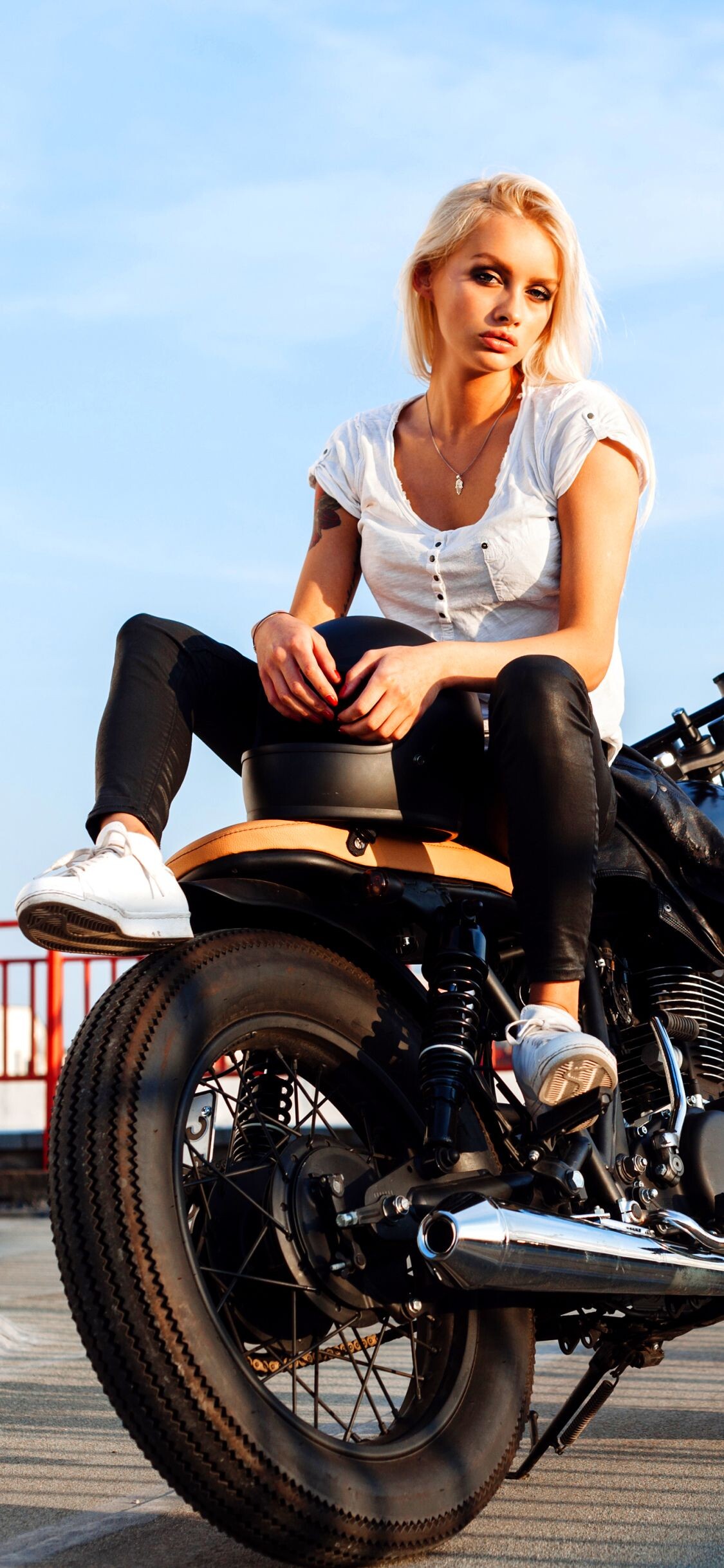 Rear Wheel, Girls and Motorcycles Wallpaper, 1130x2440 HD Phone