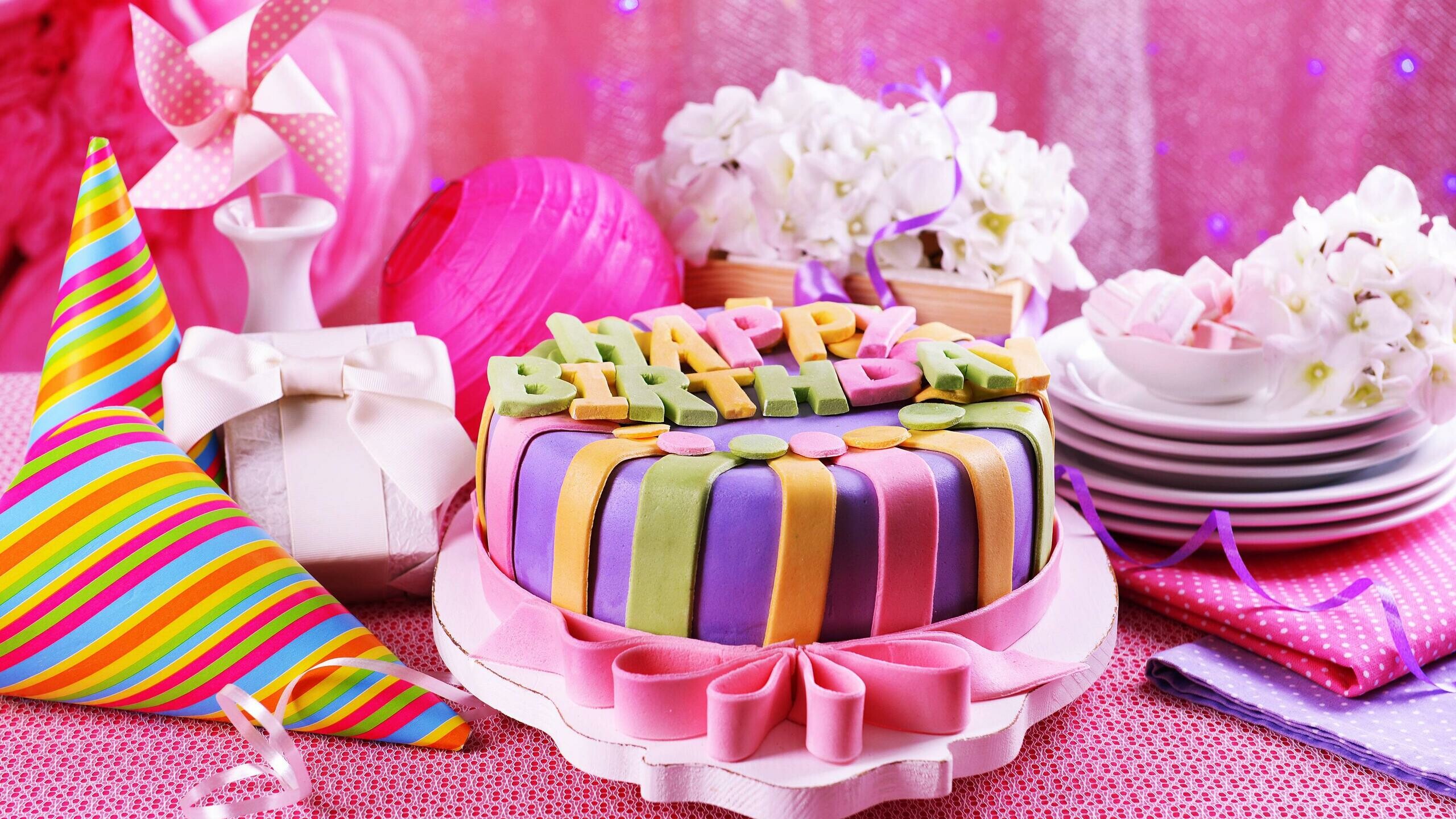 Pink birthday cake, HD wallpapers, Vibrant decor, Festive celebration, 2560x1440 HD Desktop