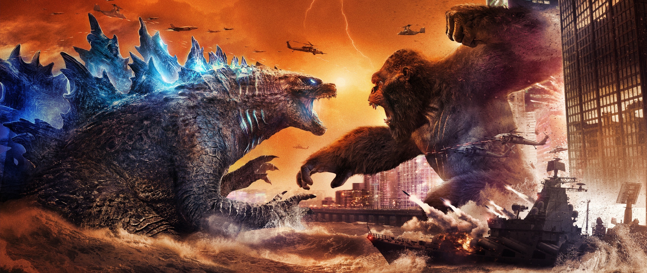 Godzilla vs Kong wallpaper 4K, 2021 movies, 5K resolution, City destruction, 2560x1080 Dual Screen Desktop