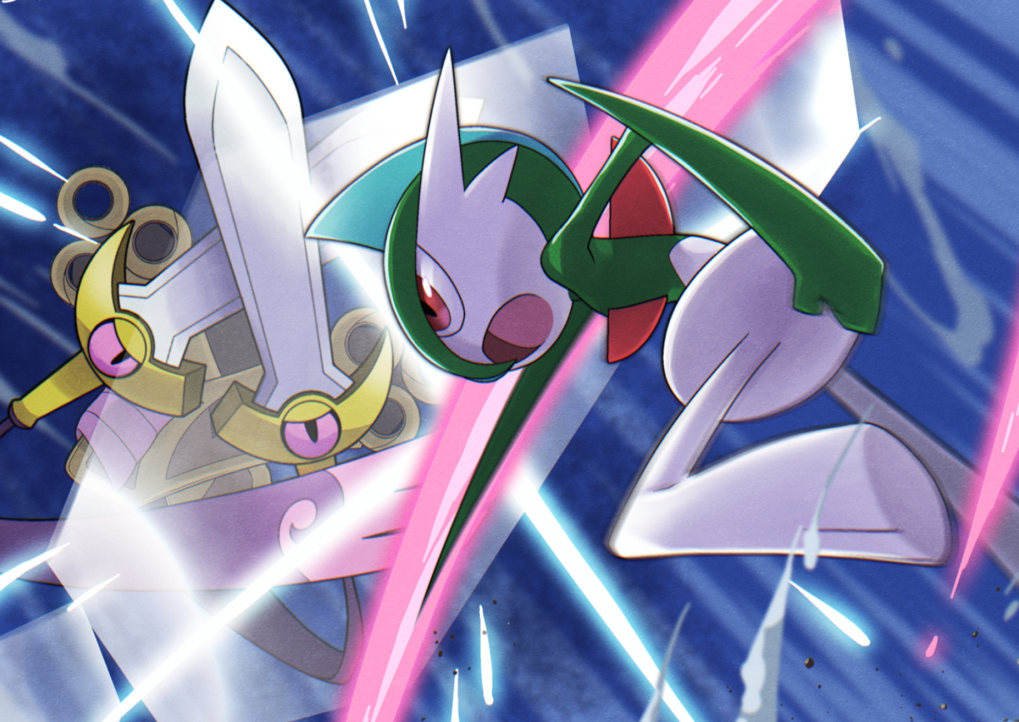 Safebooru battle, Blue background, Commentaries and requests, Striking Gallade visuals, 2050x1450 HD Desktop