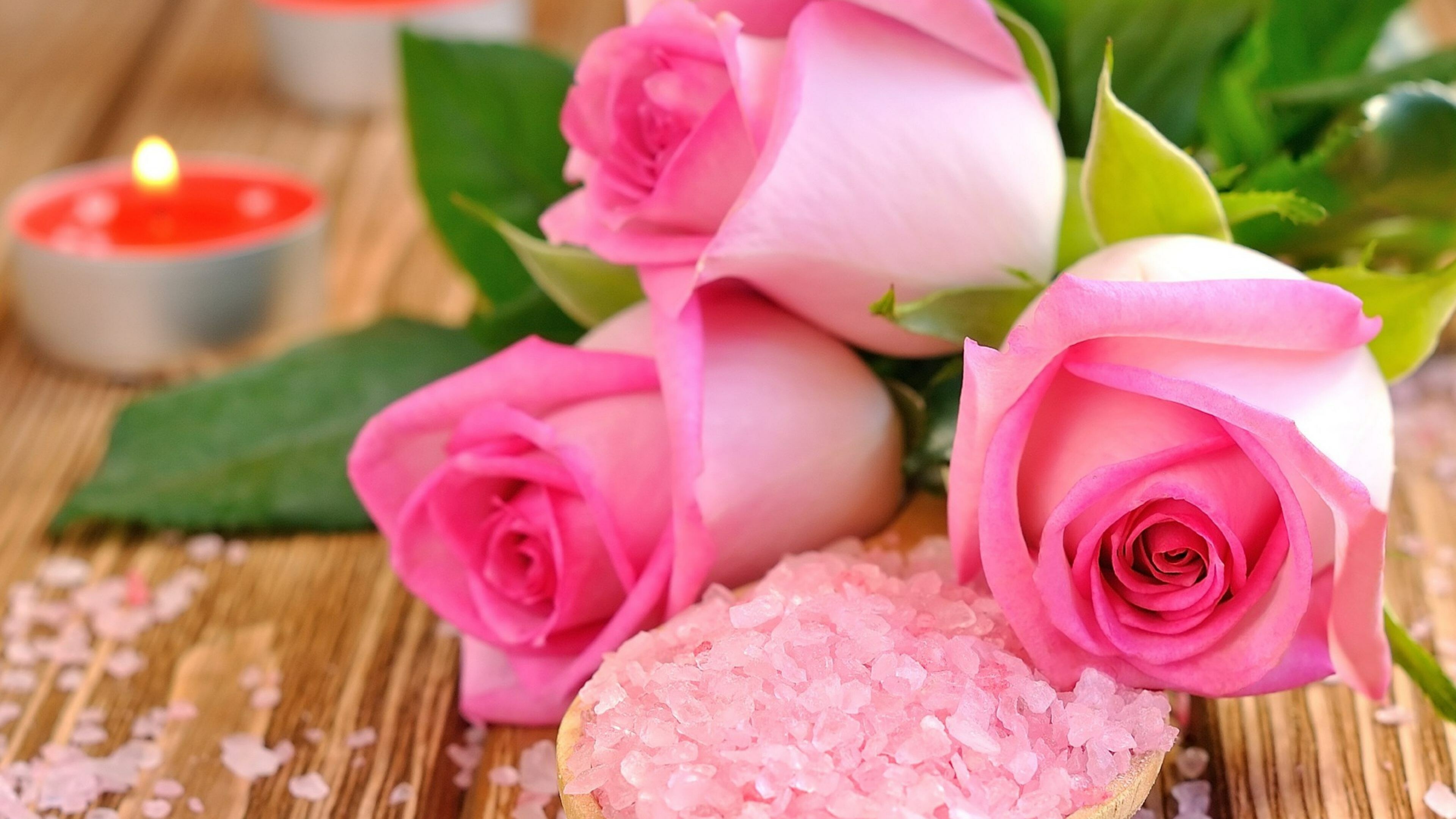 Pink roses and candle, Romantic ambiance, Serene tranquility, Intimate beauty, 3840x2160 4K Desktop