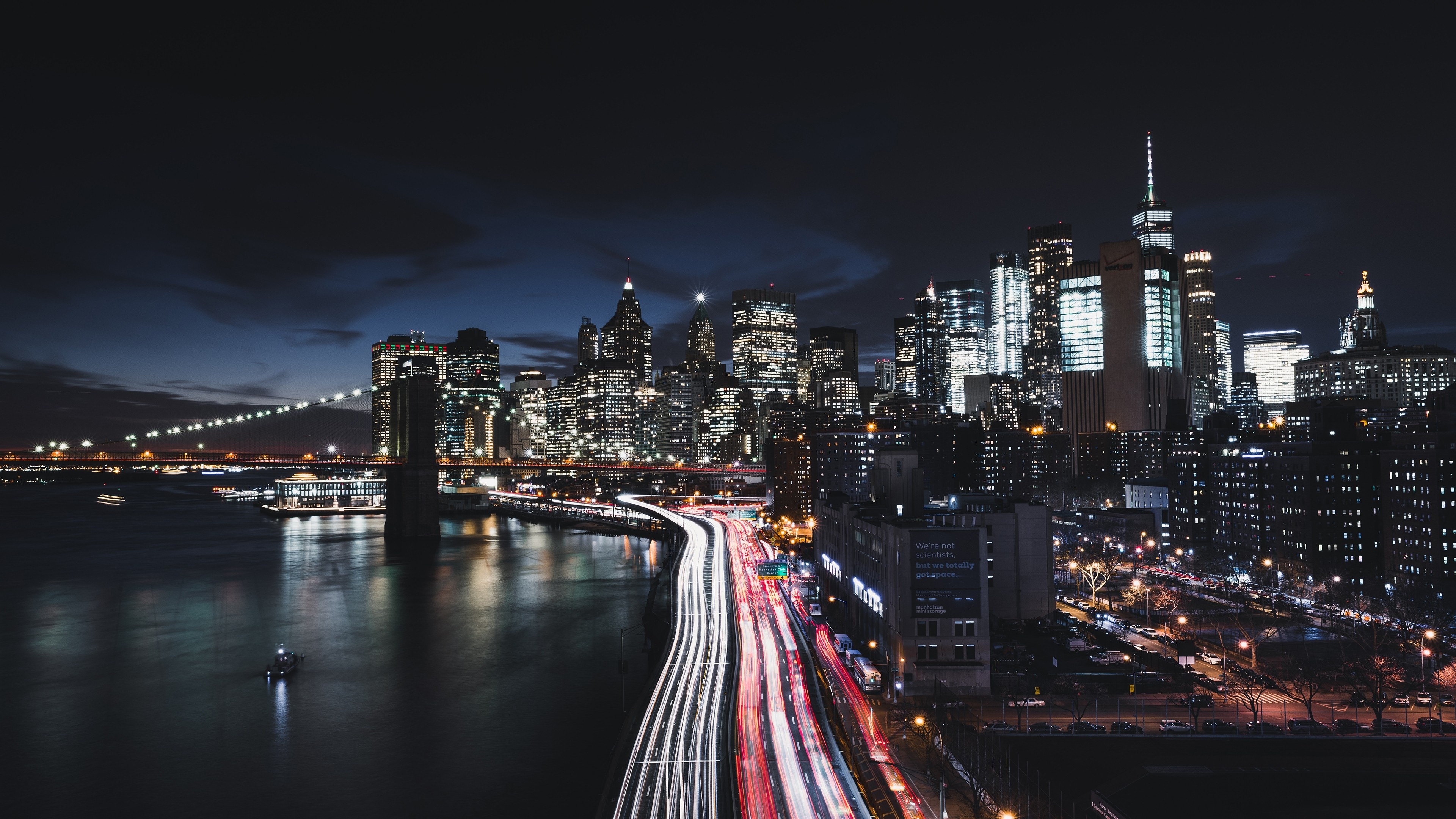 Manhattan skyline, Timelapse photography, Night cityscape, Bridge, 3840x2160 4K Desktop