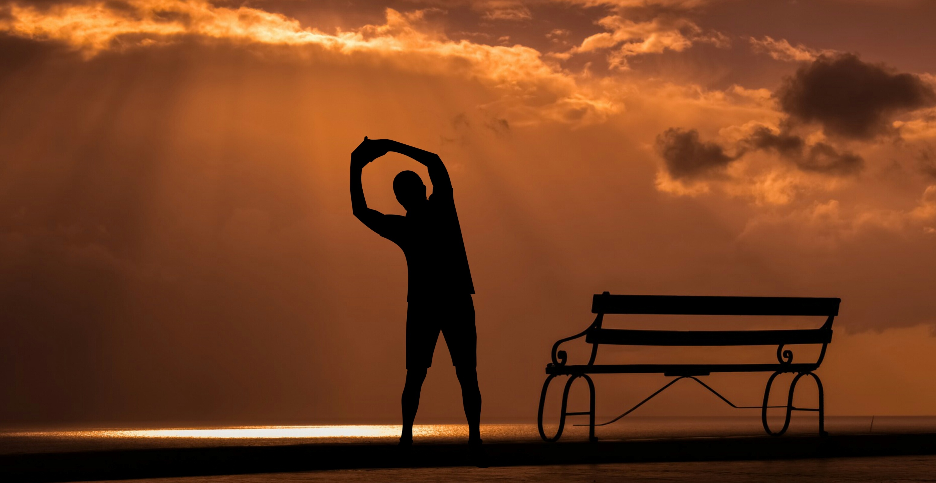 Fitness at sunrise, Outdoor workout, Yoga poses, Cloudy sky, 3100x1600 HD Desktop