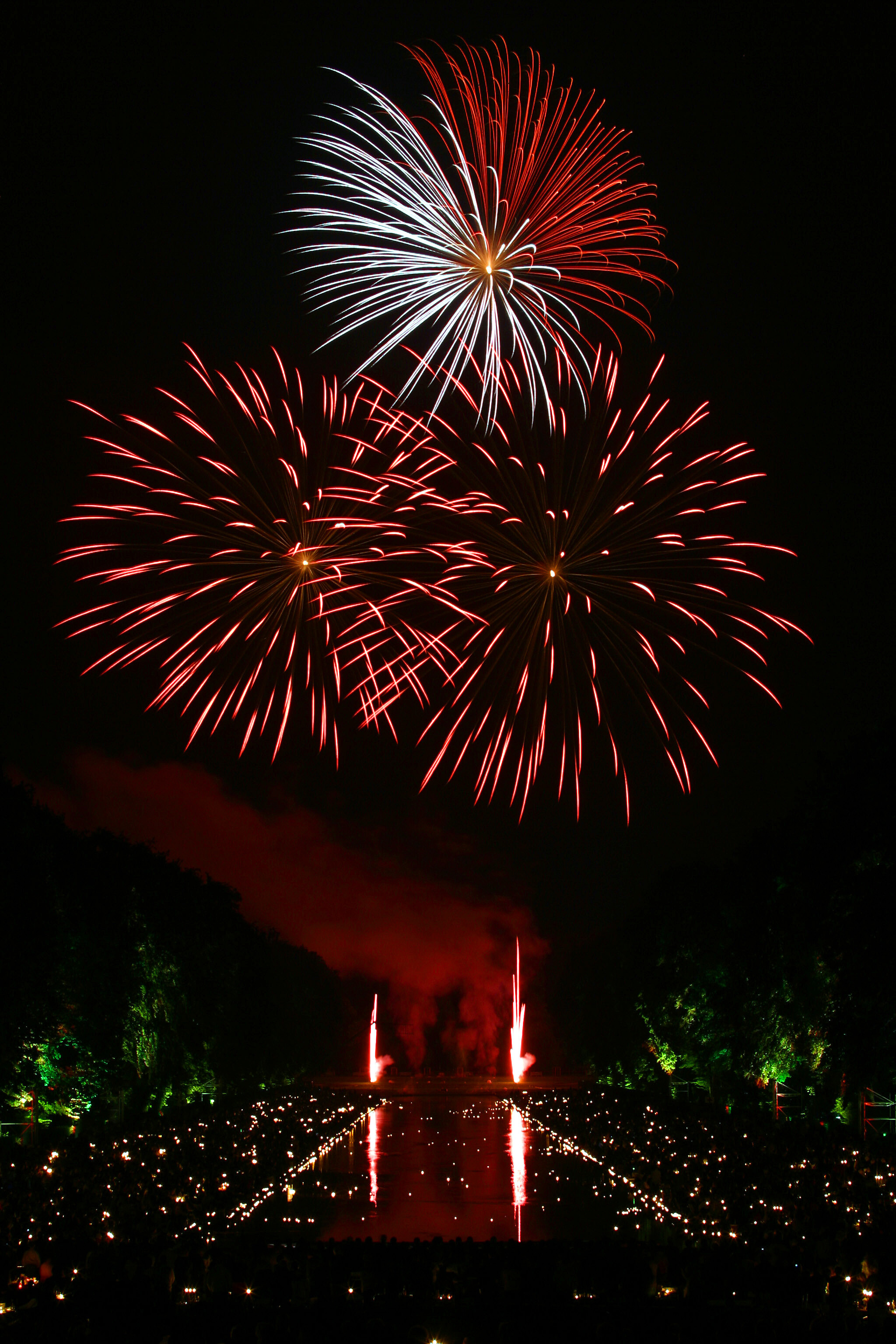 Nighttime fireworks display, Vibrant red and white, Stunning visuals, Festive atmosphere, 2050x3080 HD Phone