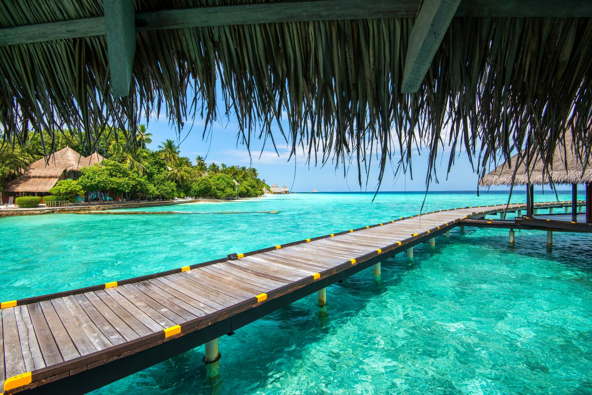 Brown and yellow, Wooden pathway, Maldives beauty, Serene walkway, 2050x1370 HD Desktop