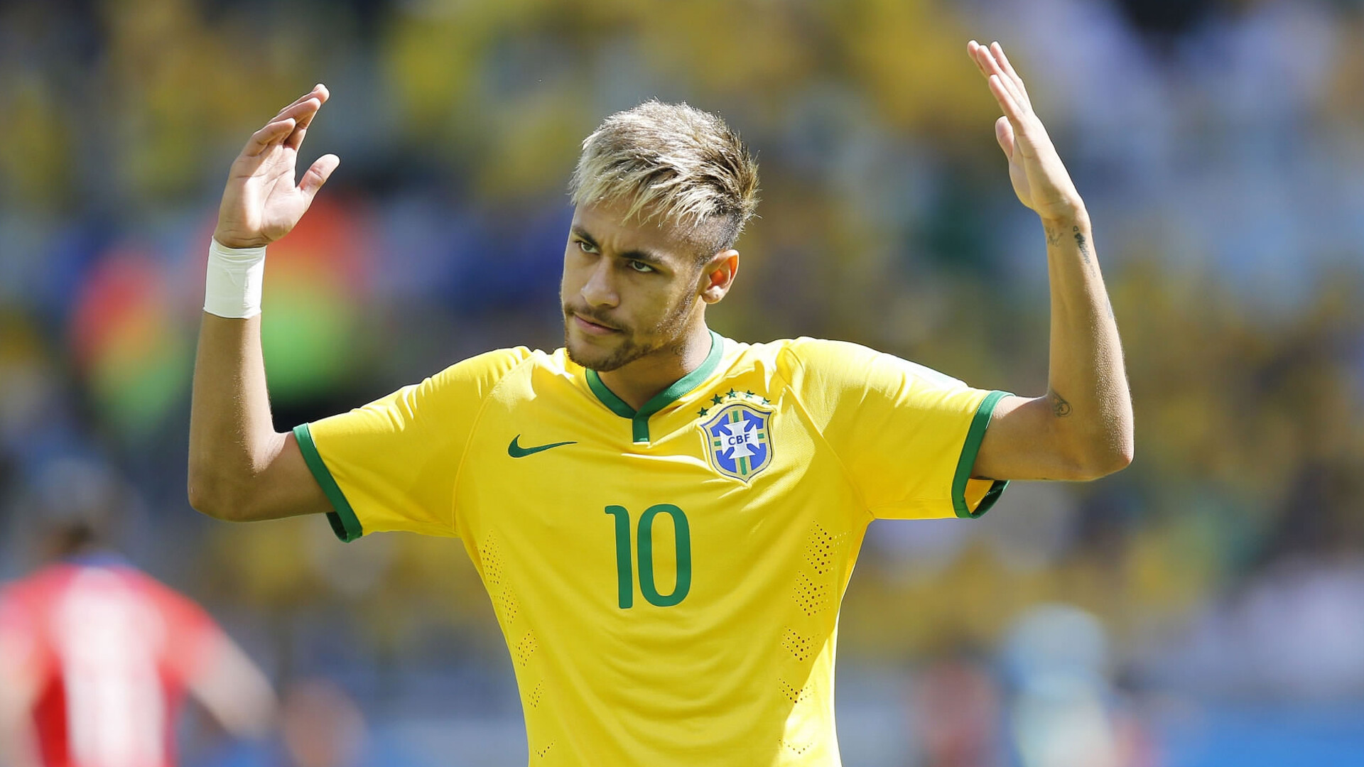 Neymar, Blurry bokeh background, Yellow sports dress, Dynamic pose, 1920x1080 Full HD Desktop