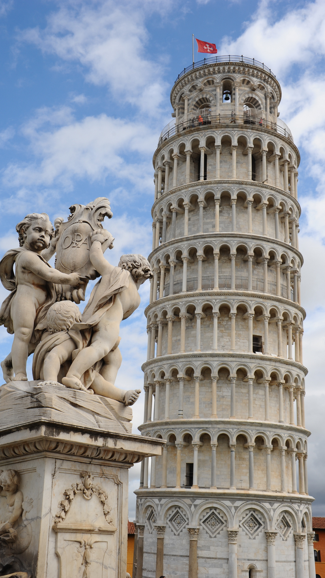 Putti fountain, Leaning Tower, Iconic piazza, Historic architecture, 1080x1920 Full HD Phone