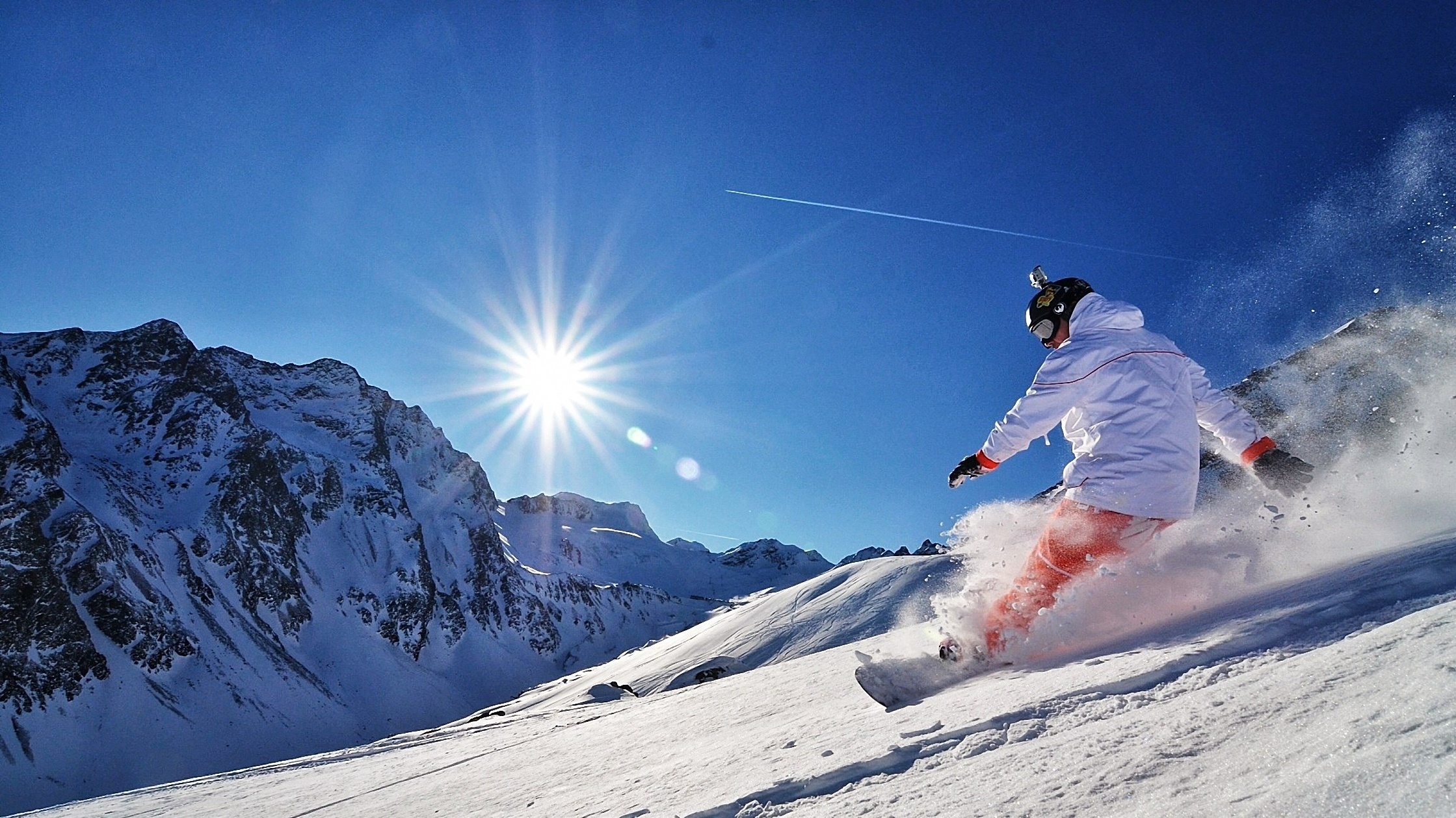 Sunlit snowboarding, Majestic mountains, Snowy paradise, Snowboarding wallpapers, 2240x1260 HD Desktop