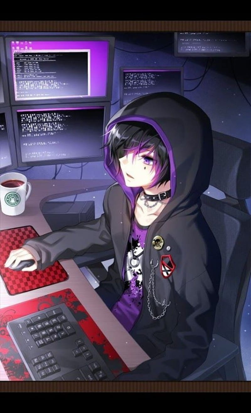 Hacker, computer, boy, anime technology 800x1320