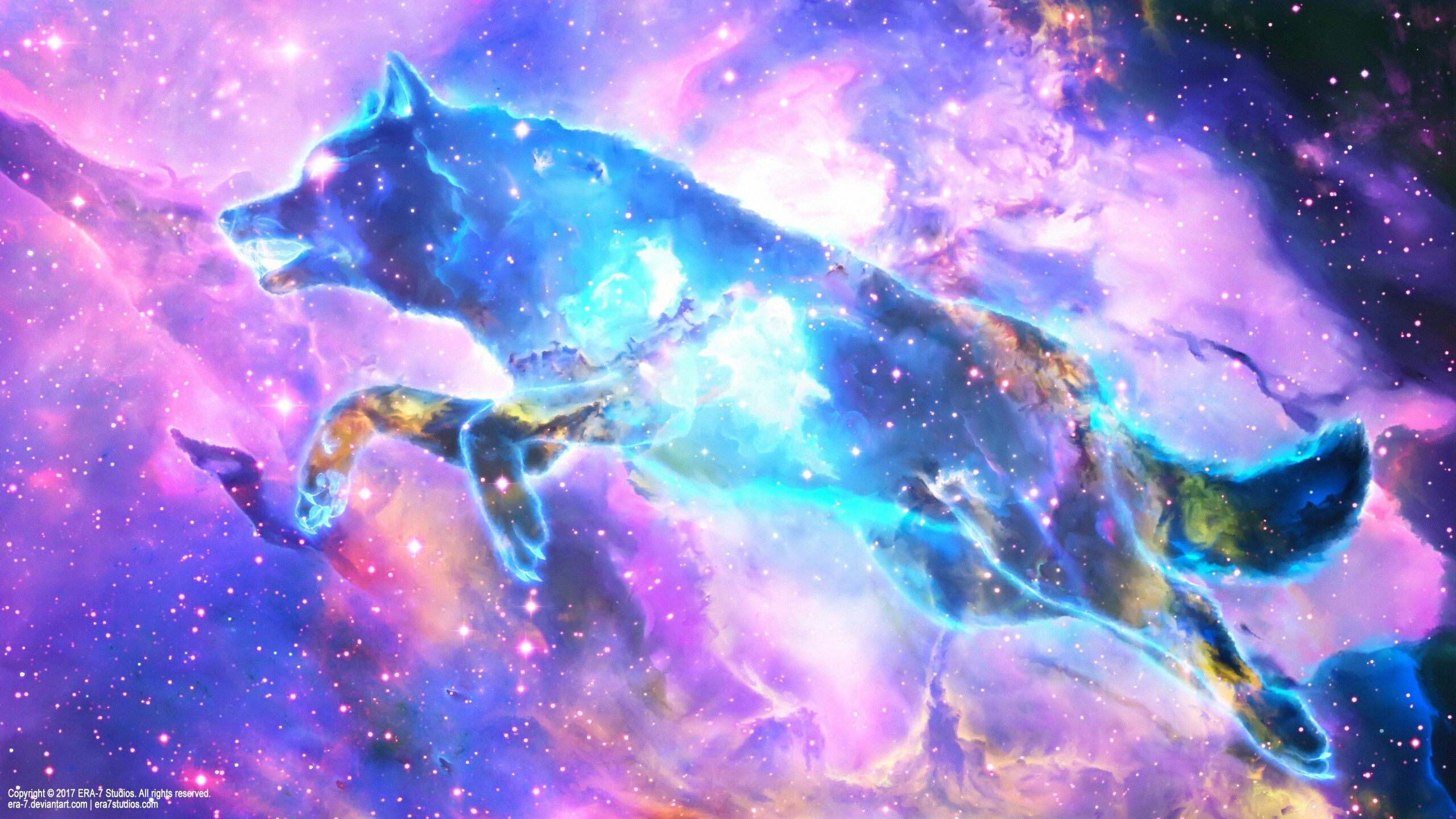 Cute galaxy wolf wallpapers, Cosmic vibes, Adorable visuals, Playful spirit, 2560x1440 HD Desktop