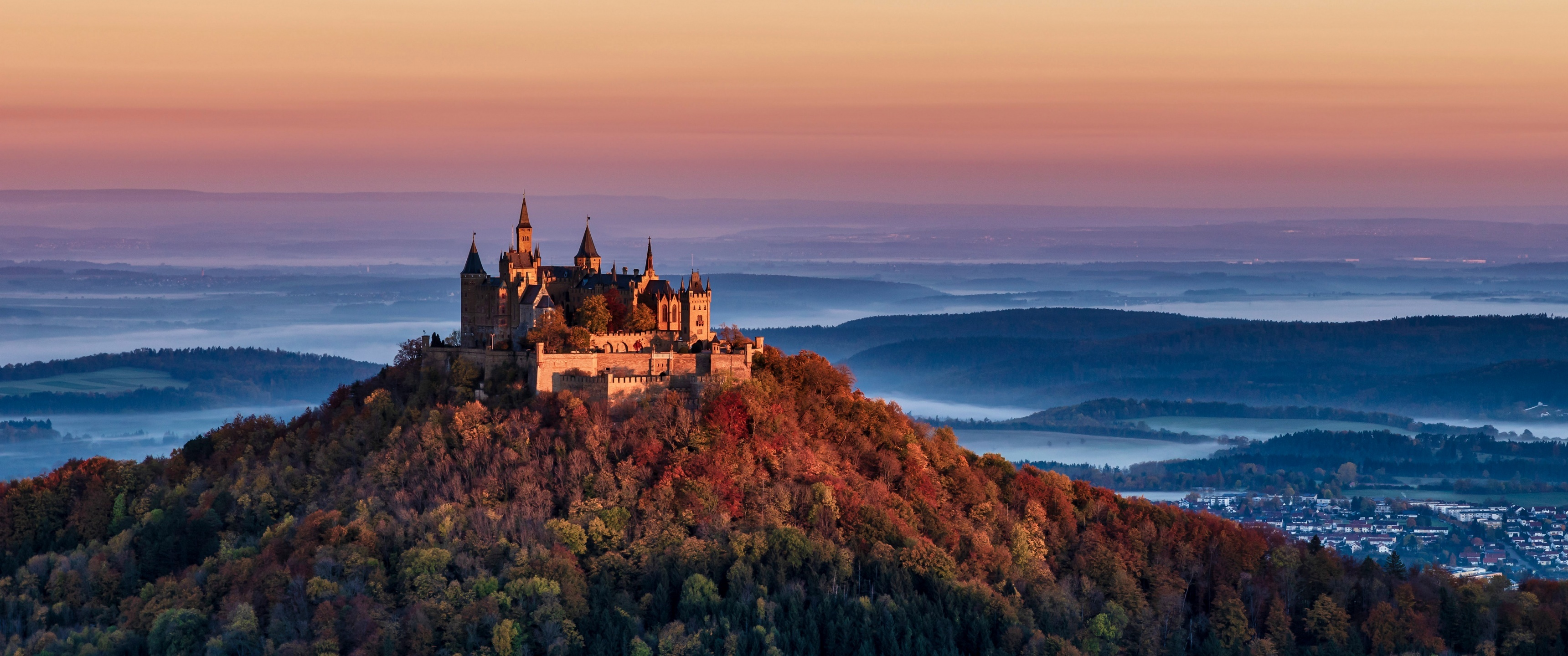 Hohenzollern castle, Bisingen scenery, 4K wallpapers, Nature's sanctuary, 3440x1440 Dual Screen Desktop