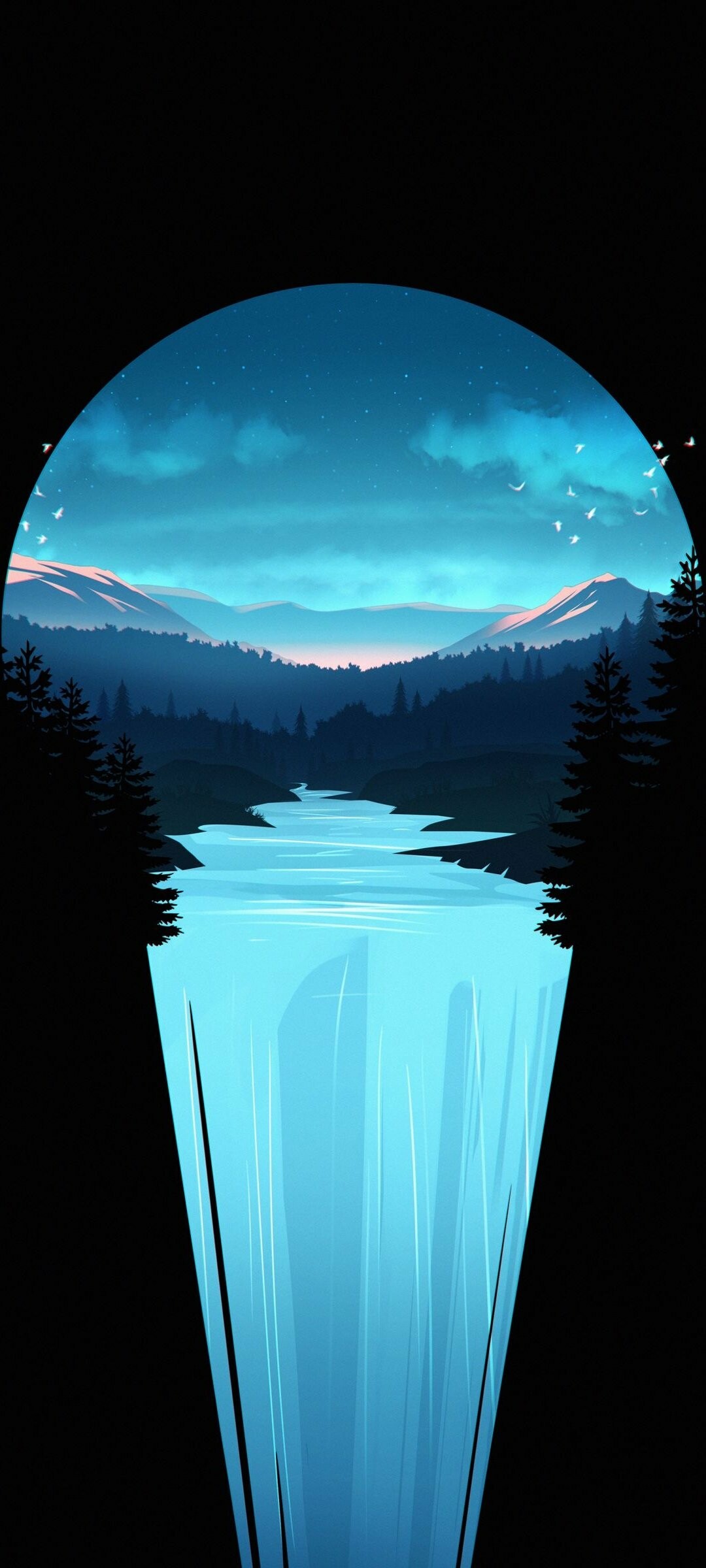 Amoled black waterfall, Vector wallpaper, Stunning visual, Eye-catching design, 1080x2400 HD Phone