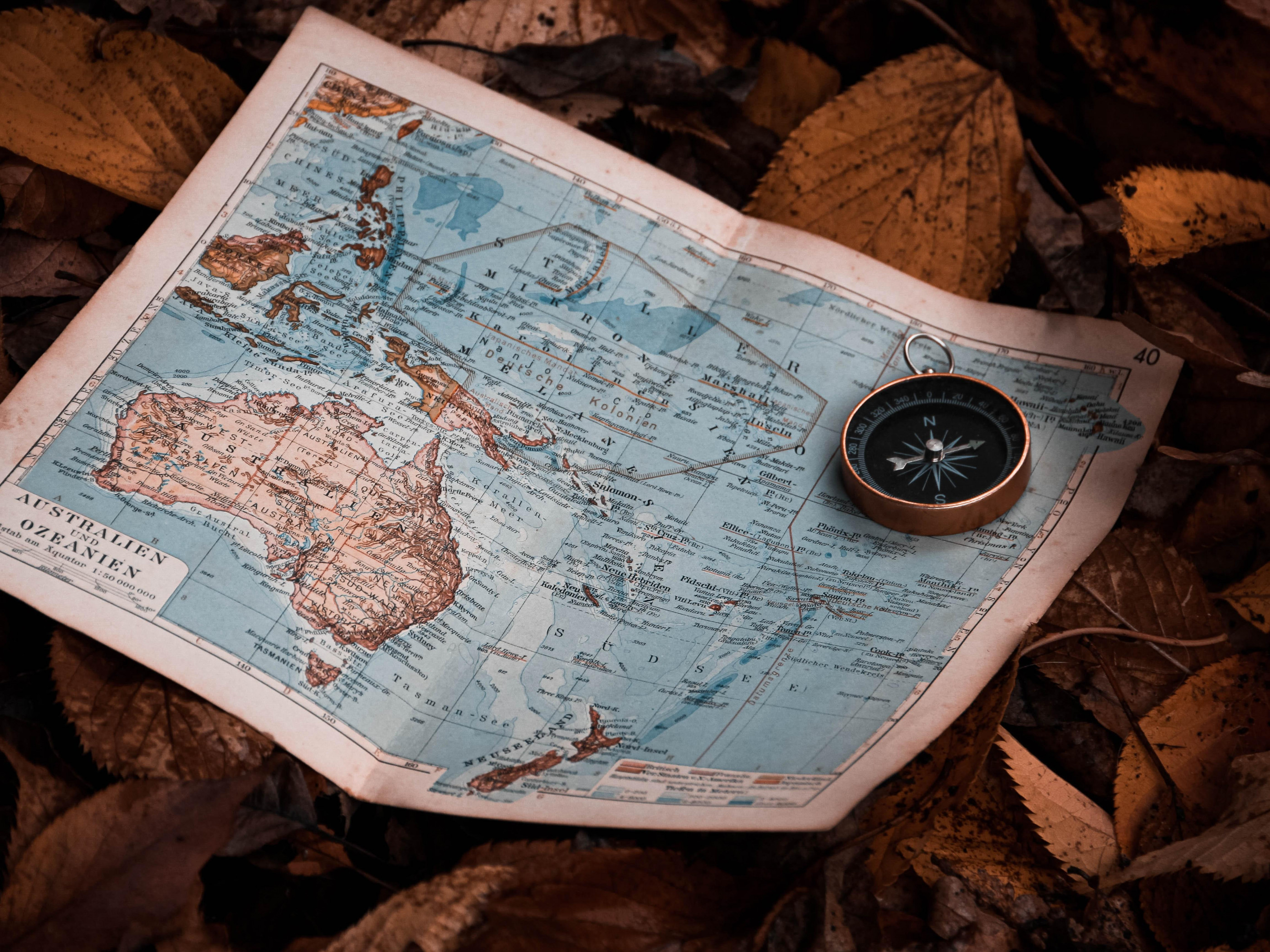 Map and compass, Autumn leaves, Travel inspiration, HD widescreen, 2800x2100 HD Desktop