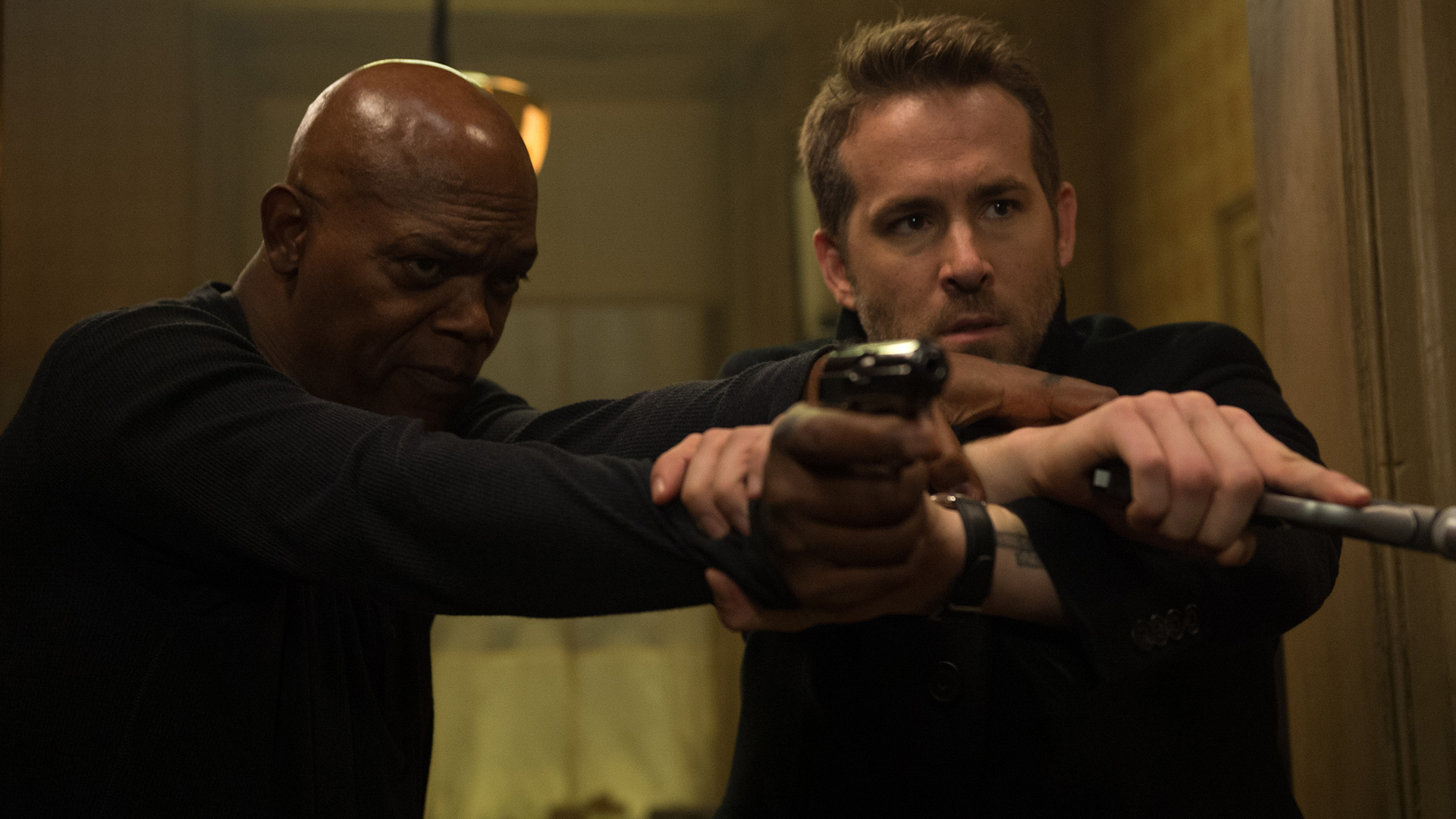 The Hitman's Bodyguard, Samuel L. Jackson, Ryan Reynolds, Salma Hayek, 1920x1080 Full HD Desktop