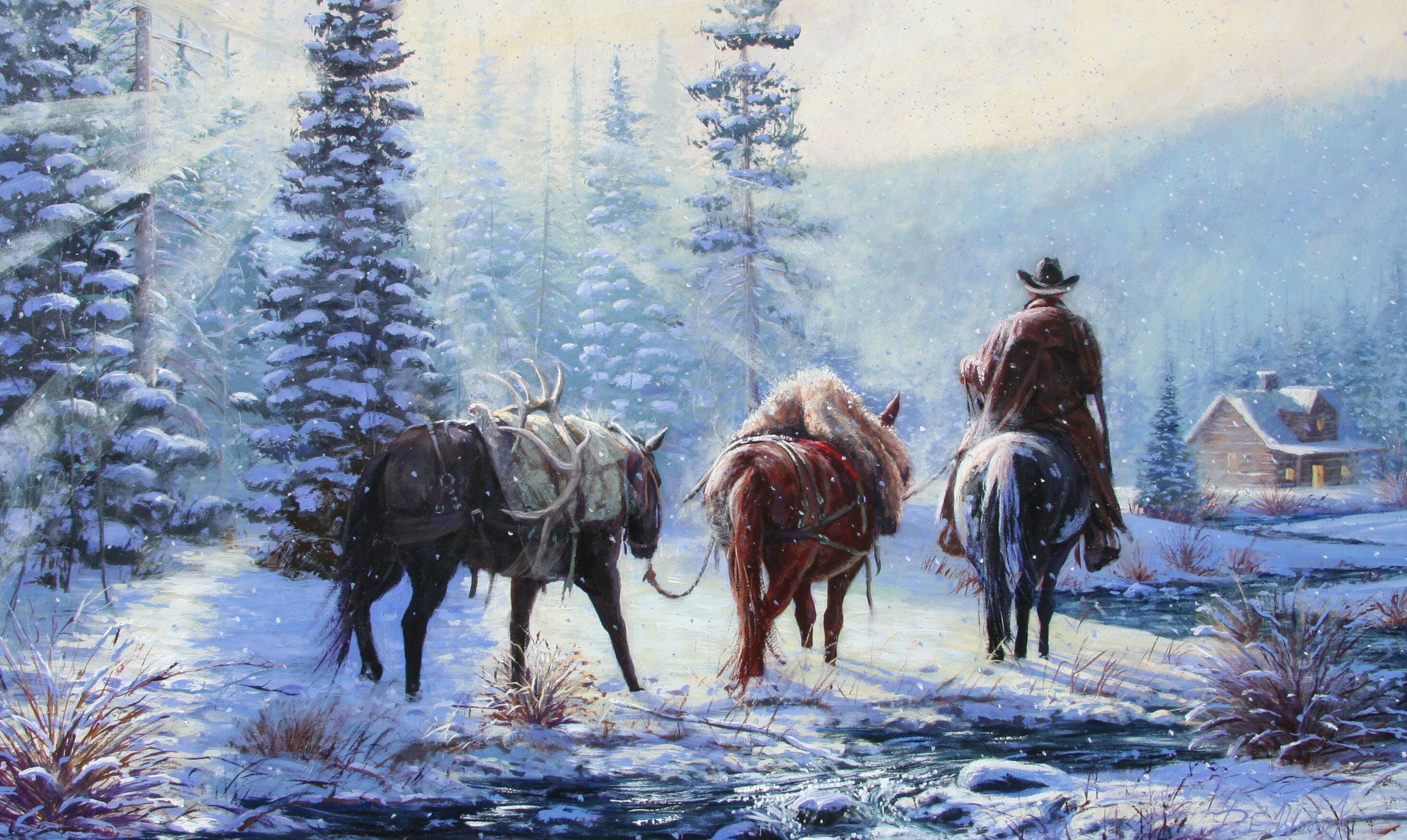 Cowboy, Horses in the Snow Wallpaper, 2930x1750 HD Desktop