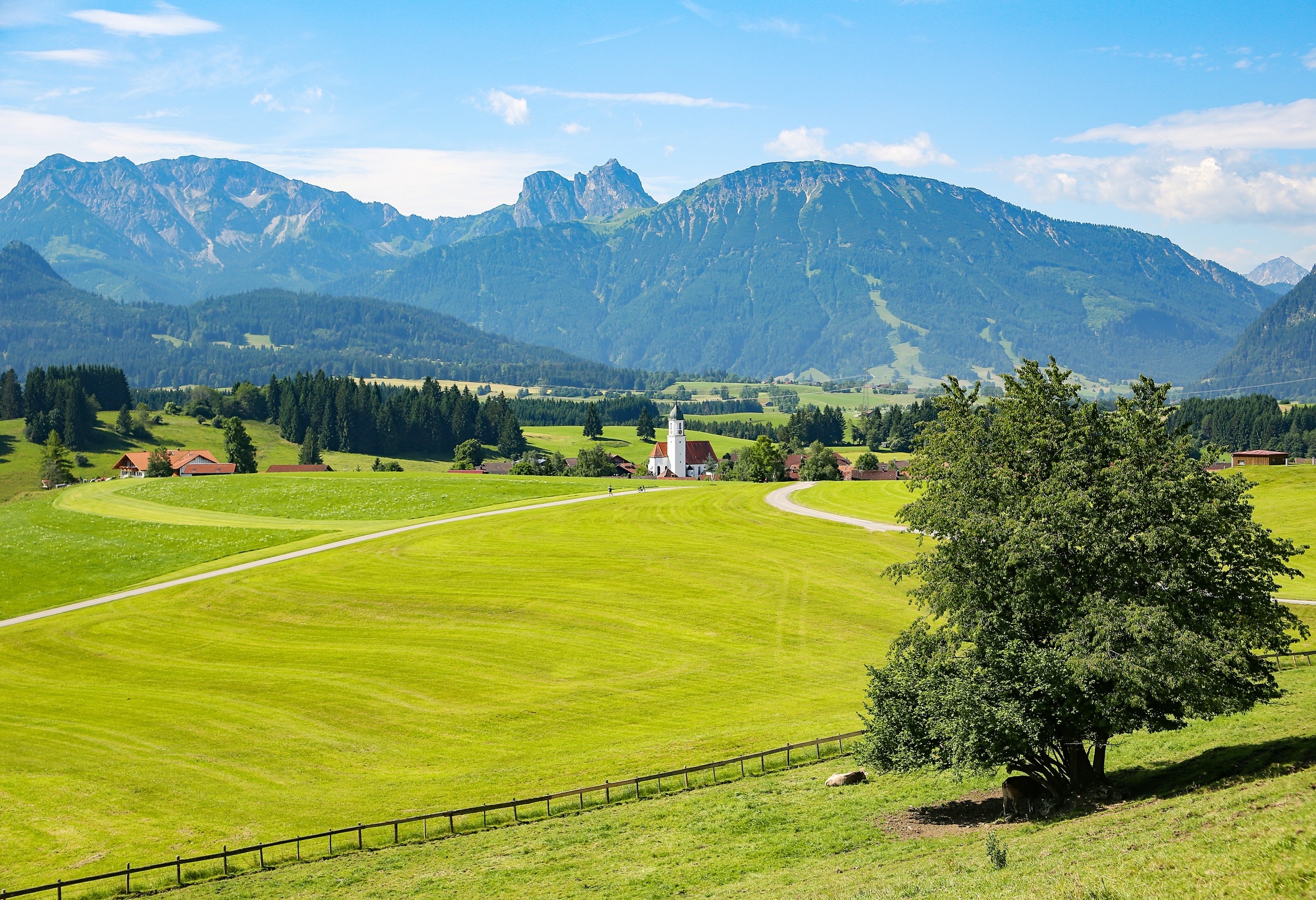 Swiss mountainous landforms, Highland natural environment, Grass valley, Alps moun, 2110x1440 HD Desktop