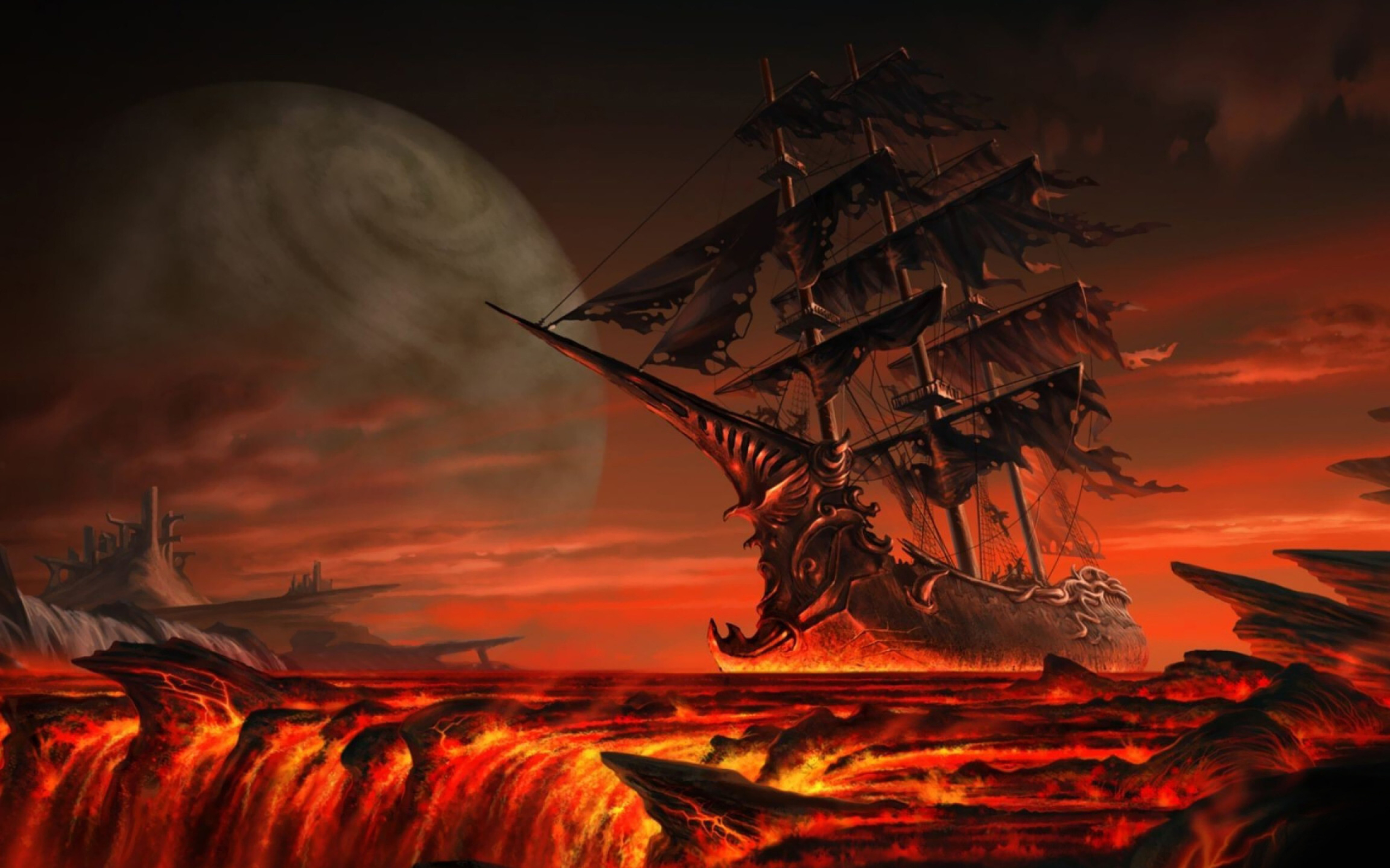 Ghost Ship, Floating on lava wallpaper, Fantasy wallpapers, 2560x1600 HD Desktop