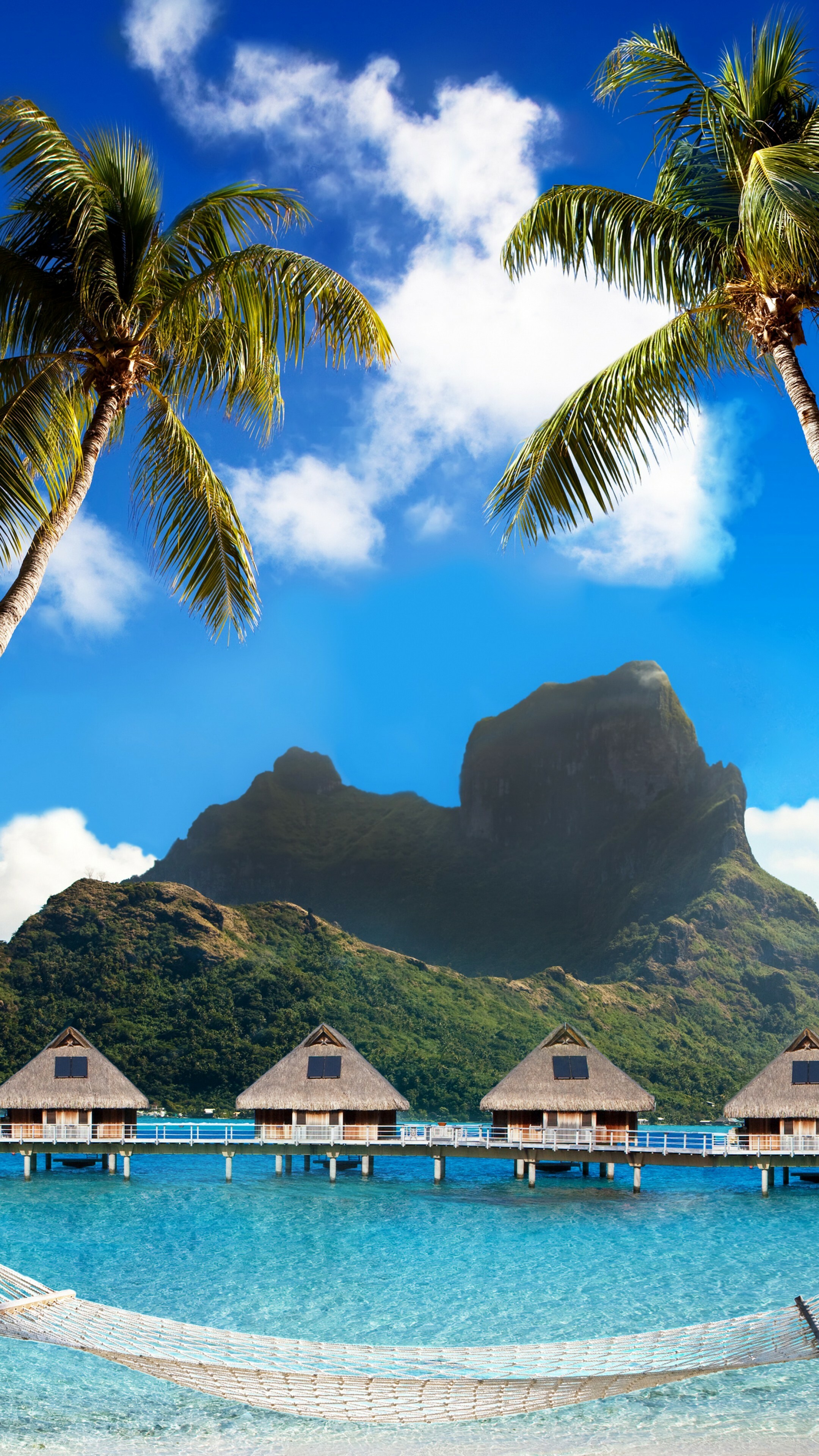 Bora Bora 5K wallpapers, French Polynesia paradise, Ocean palm trees, Mountain backdrop, 2160x3840 4K Phone