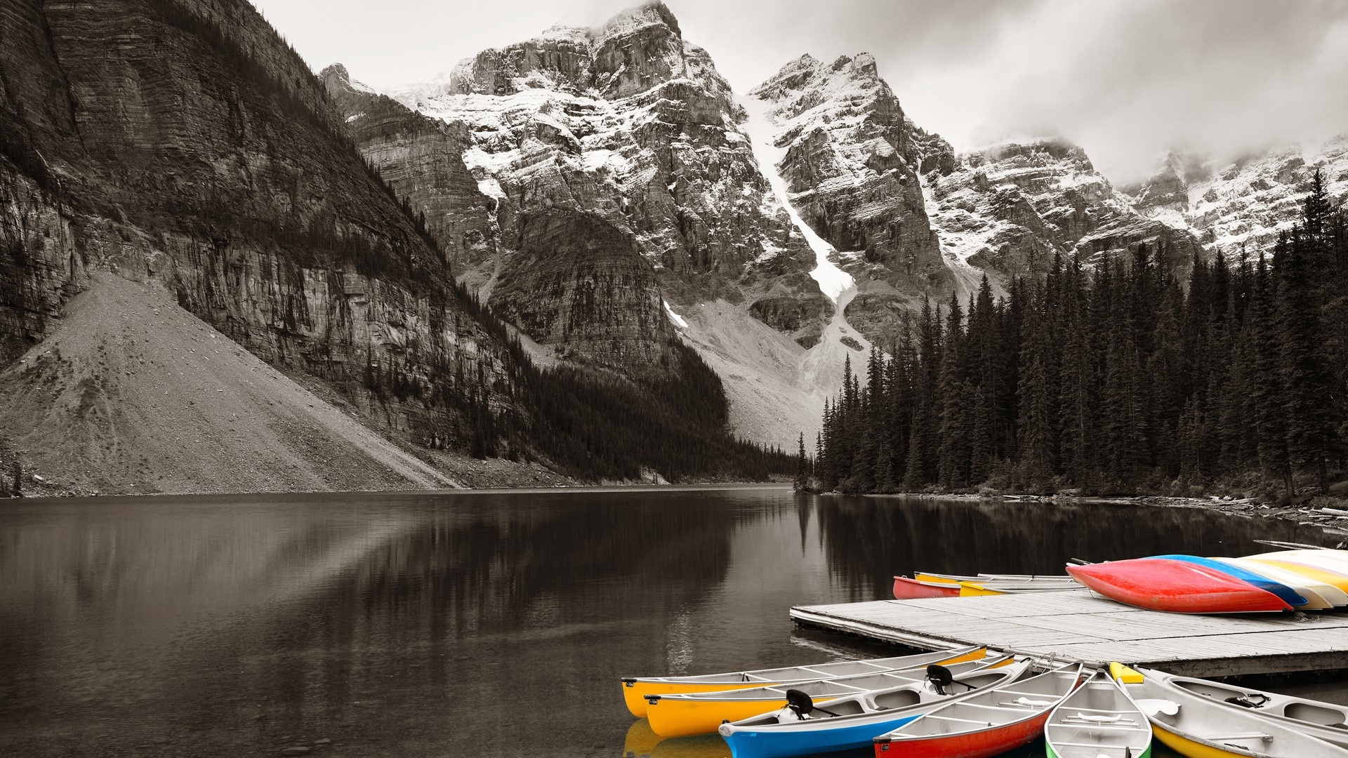 Moraine Lake, Snowy mountainscape, Forested shores, Scenic pier, 1920x1080 Full HD Desktop