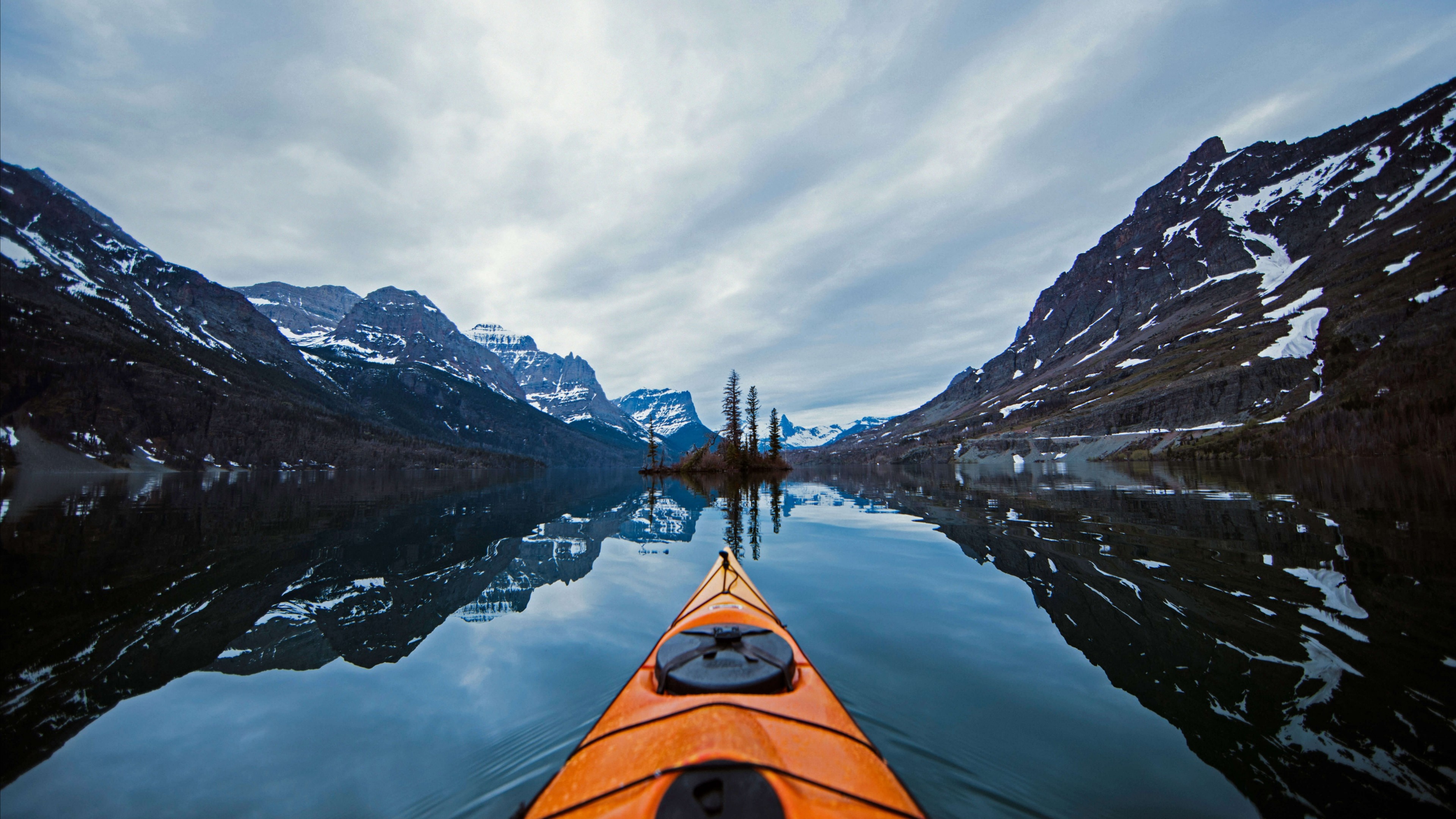 Glacier National Park, Montana, Canoe, Snow, 3840x2160 4K Desktop