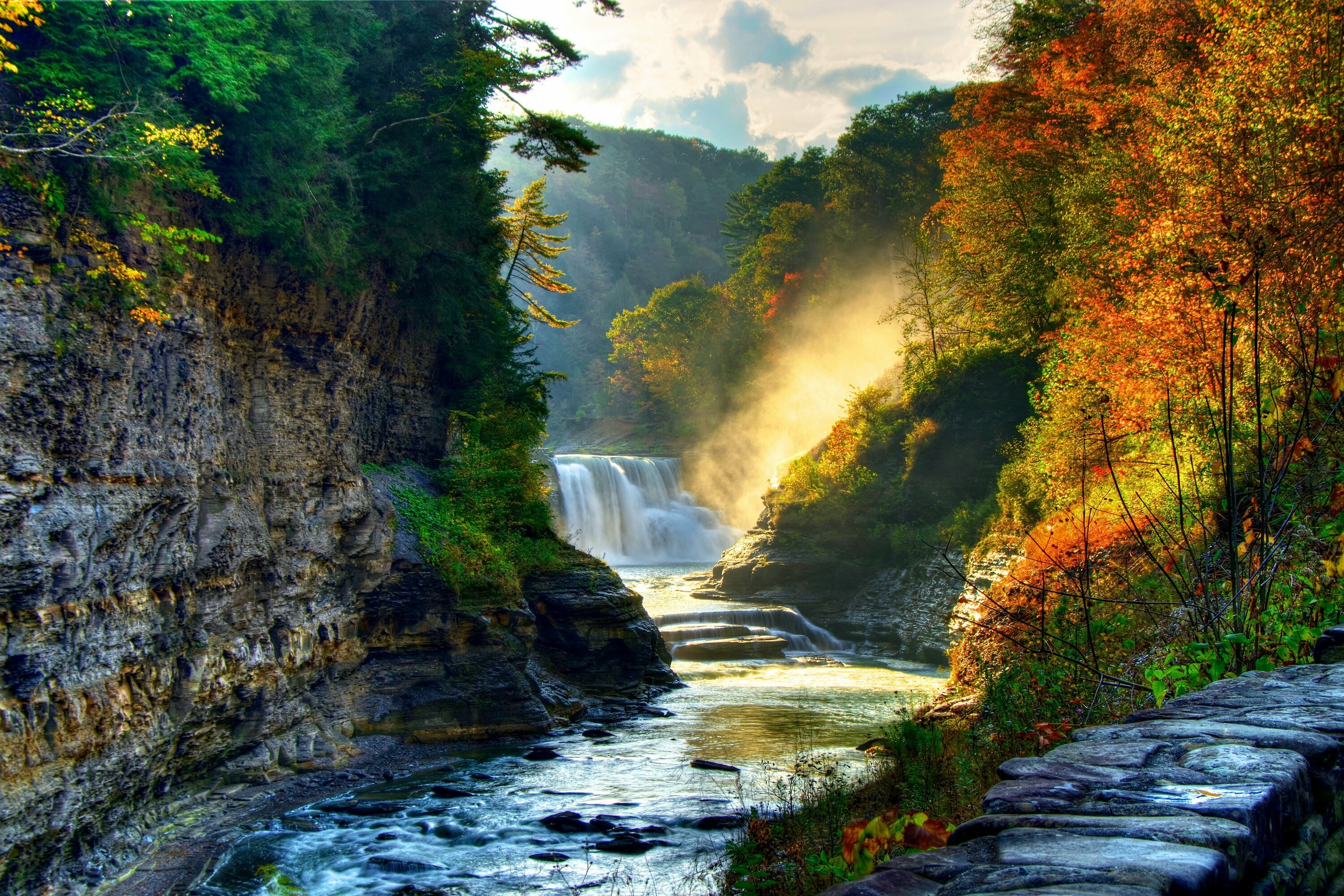 Waterfall beauty, Lush landscapes, Autumn enchantment, HD wallpapers, 3000x2010 HD Desktop