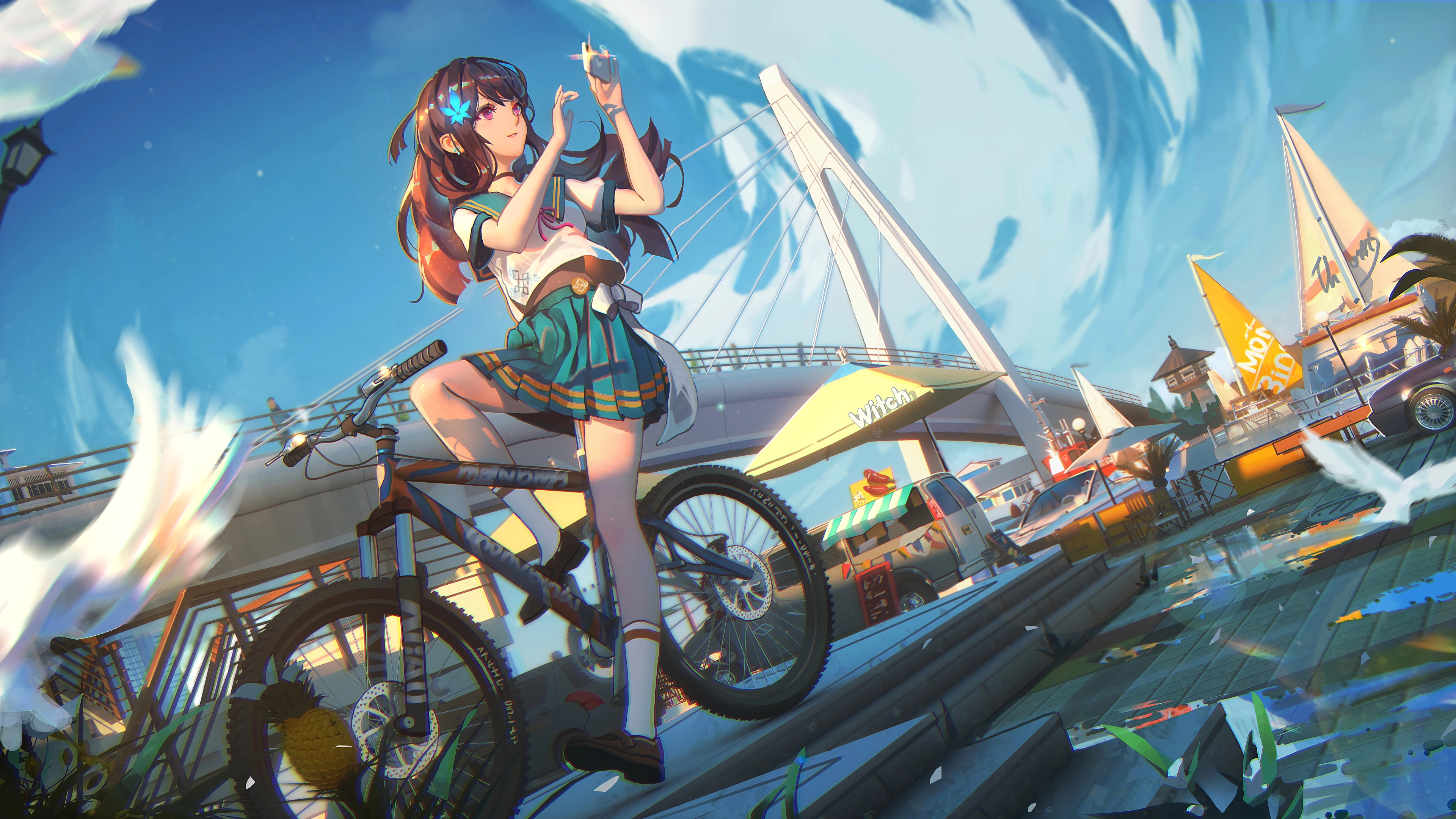 Anime girl on a bicycle, 4K Ultra HD wallpaper, Playful and vibrant, 3840x2160 4K Desktop