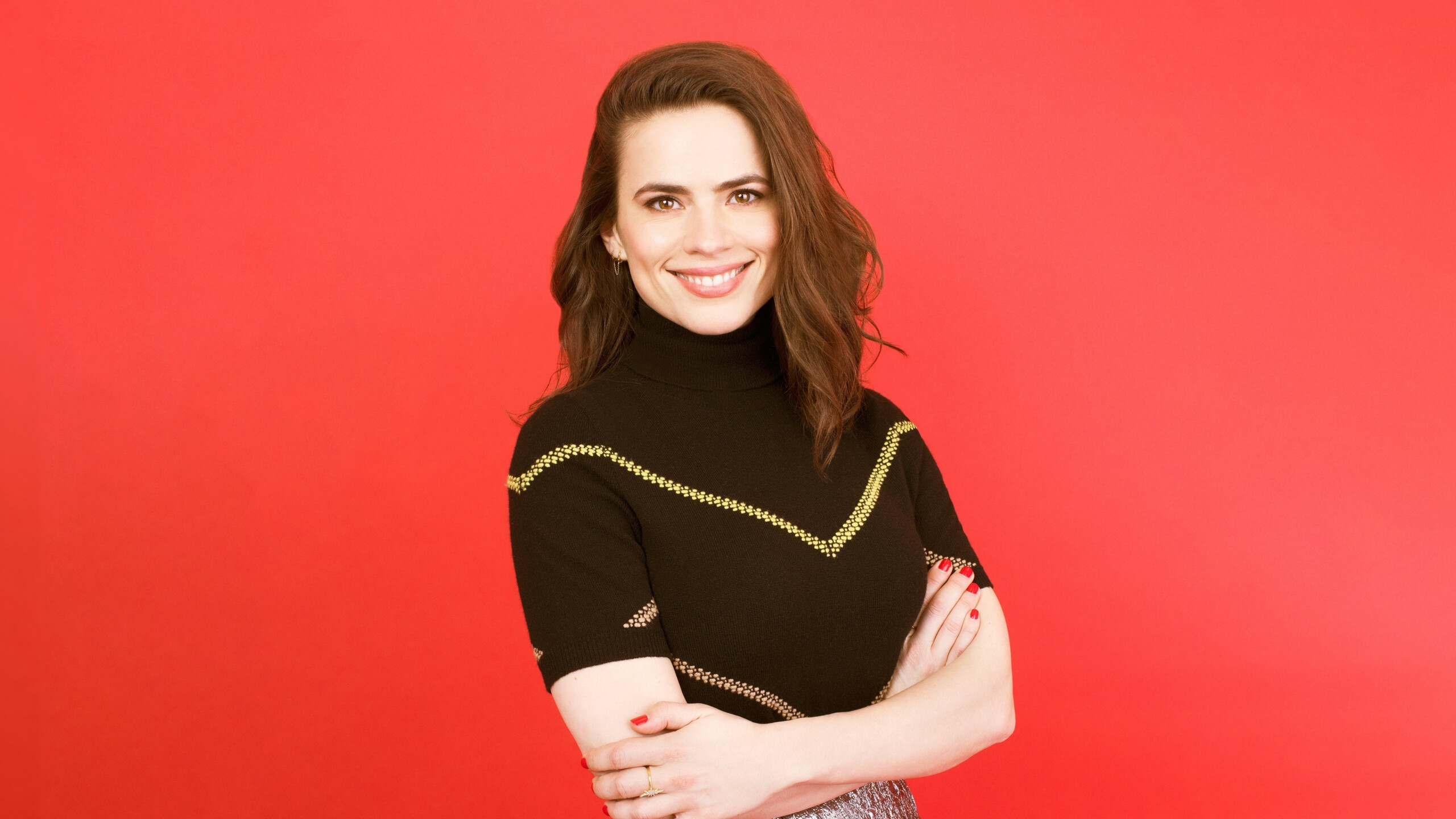 Hayley Atwell, Red head, Smile, Dual wide wallpaper, 2560x1440 HD Desktop