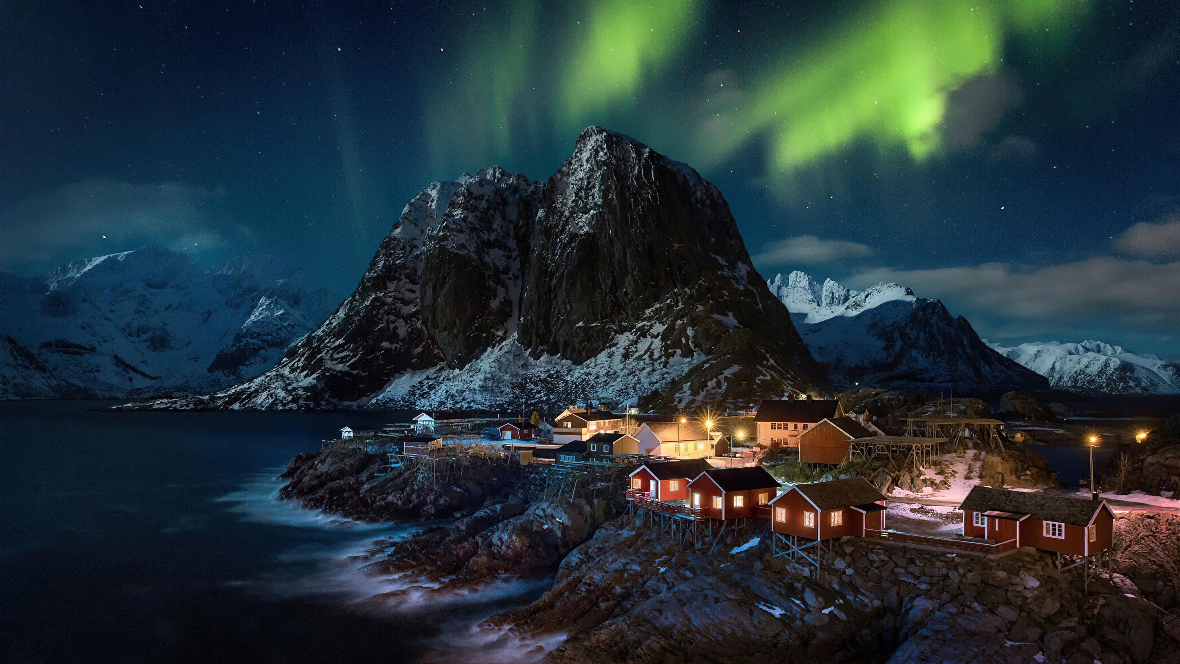 Norway Travels, Lofoten Norway village aurora, 3840x2160 4K Desktop