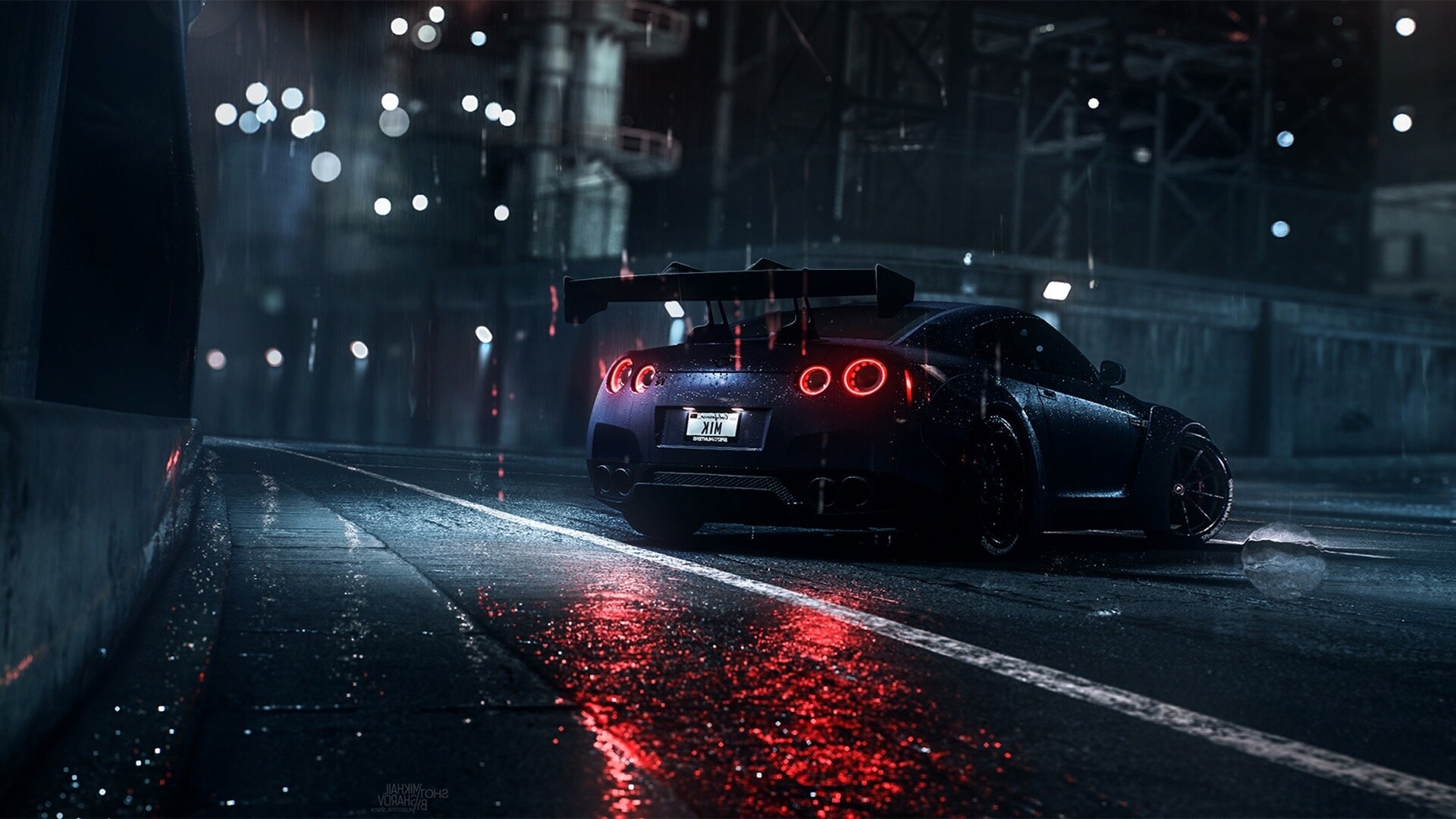 Nissan GTR, Raining beauty, Bokeh lights, Night street magic, 1920x1080 Full HD Desktop