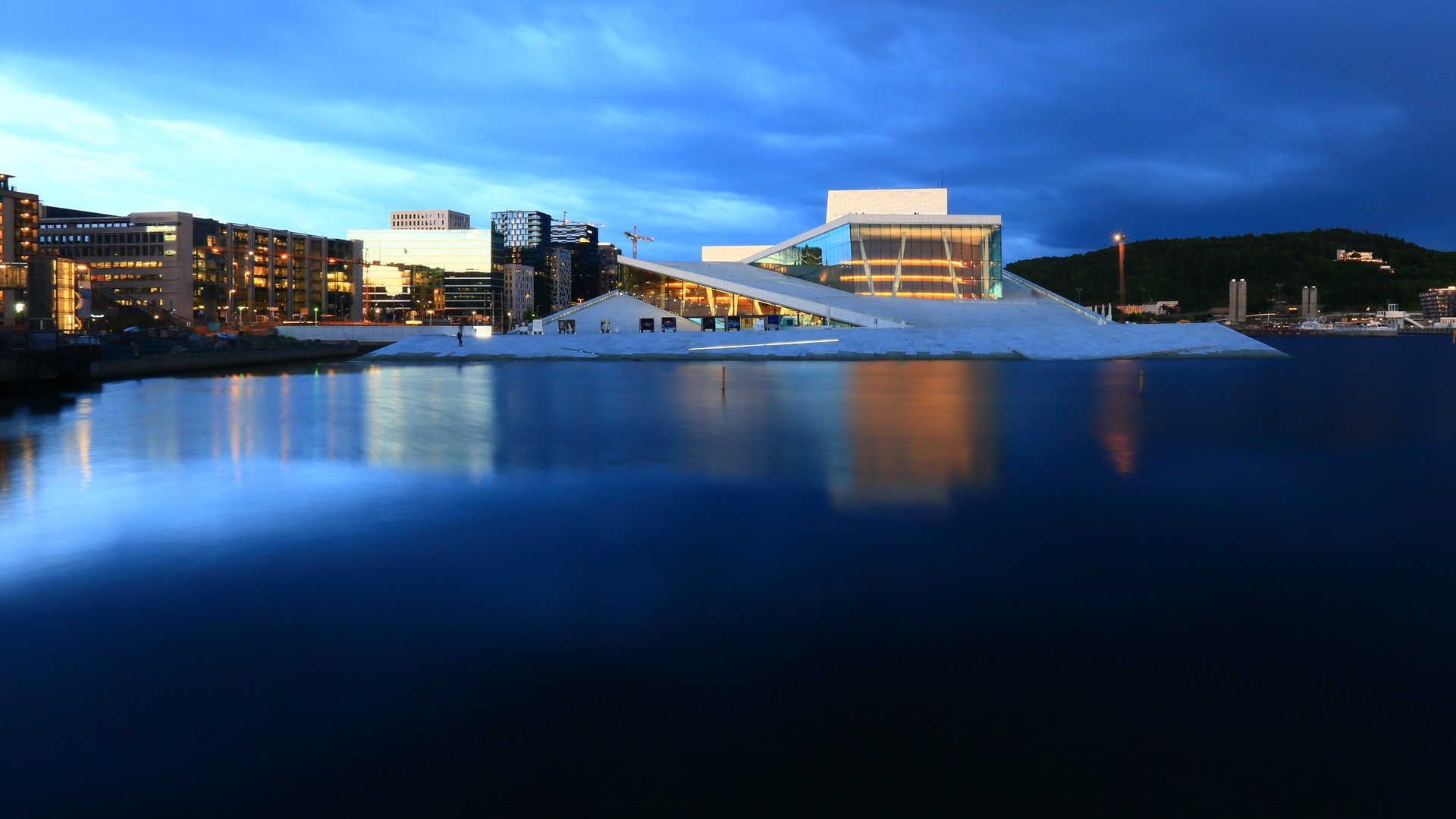 Oslo Opera House, National opera and ballet theater, Windows 10 spotlight images, Nighttime beauty, 1920x1080 Full HD Desktop