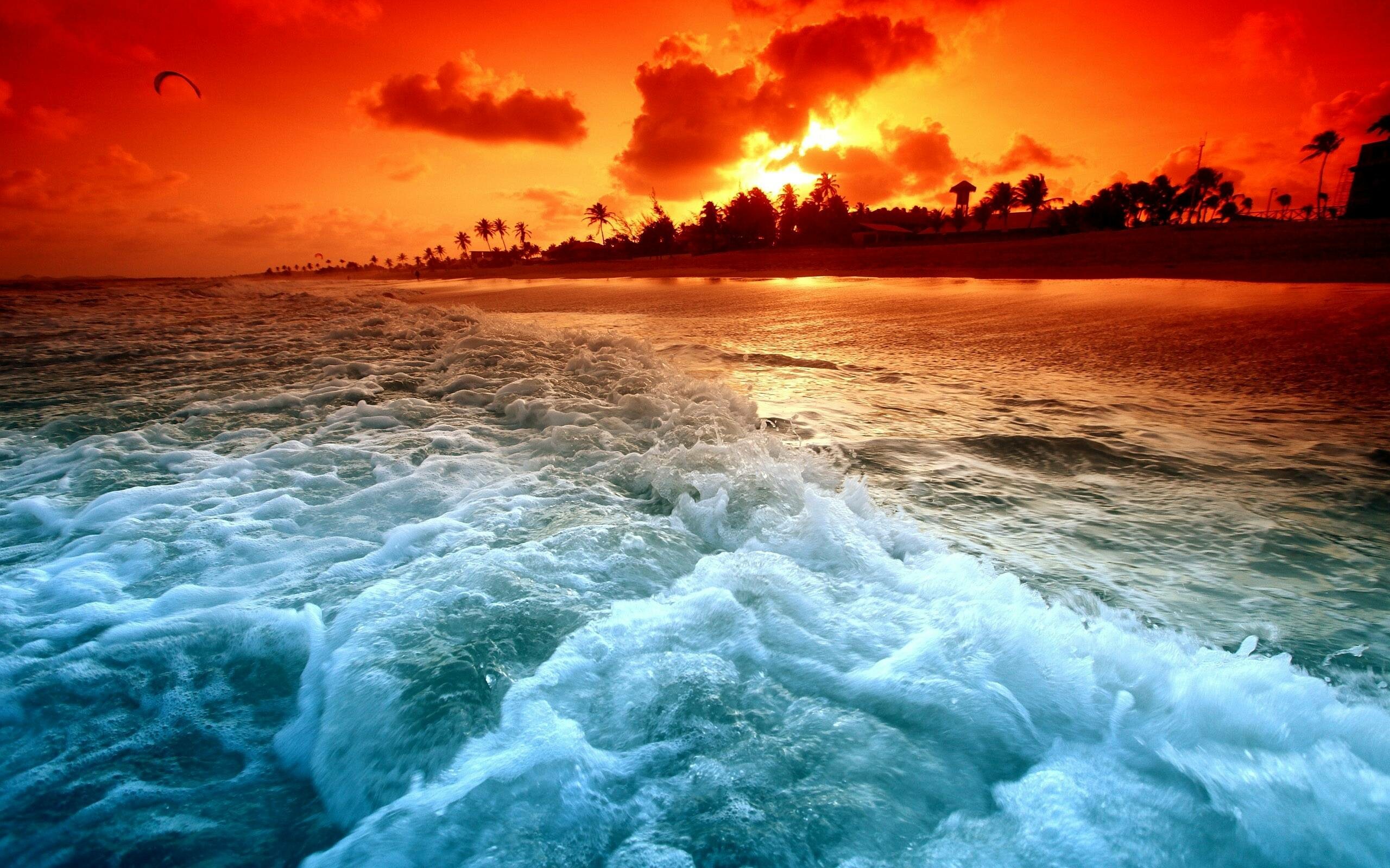 Ocean sunset, Coastal serenity, Rolling waves, Golden reflections, 2560x1600 HD Desktop