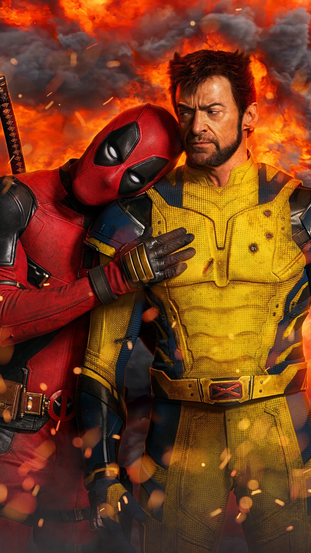 Deadpool, Wolverine, Fire theme, Spectacular visuals, Intense action, 1080x1920 Full HD Phone