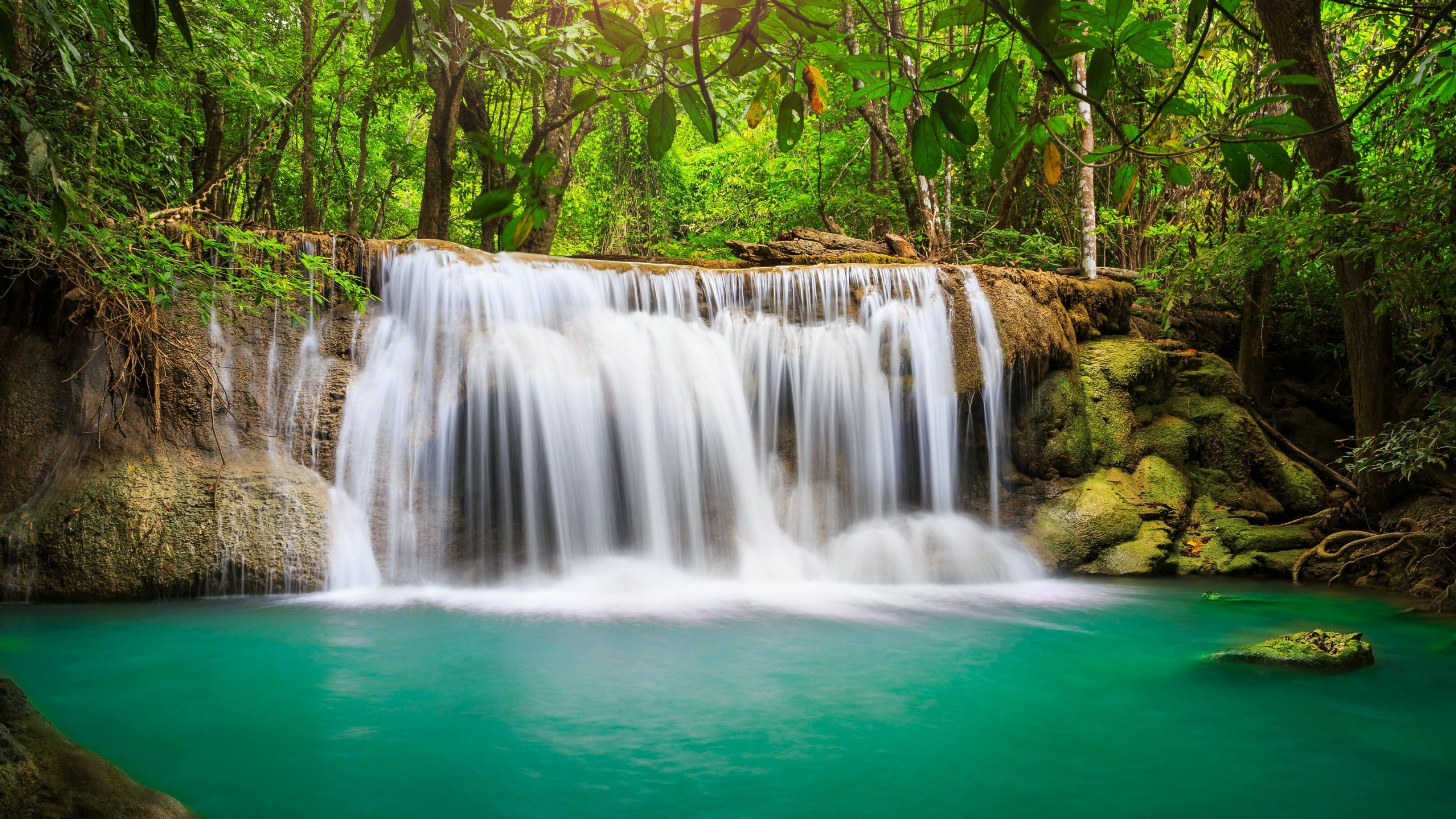 Waterfall beauty, Rainforest wonder, Mesmerizing wallpapers, Natural allure, 3560x2000 HD Desktop