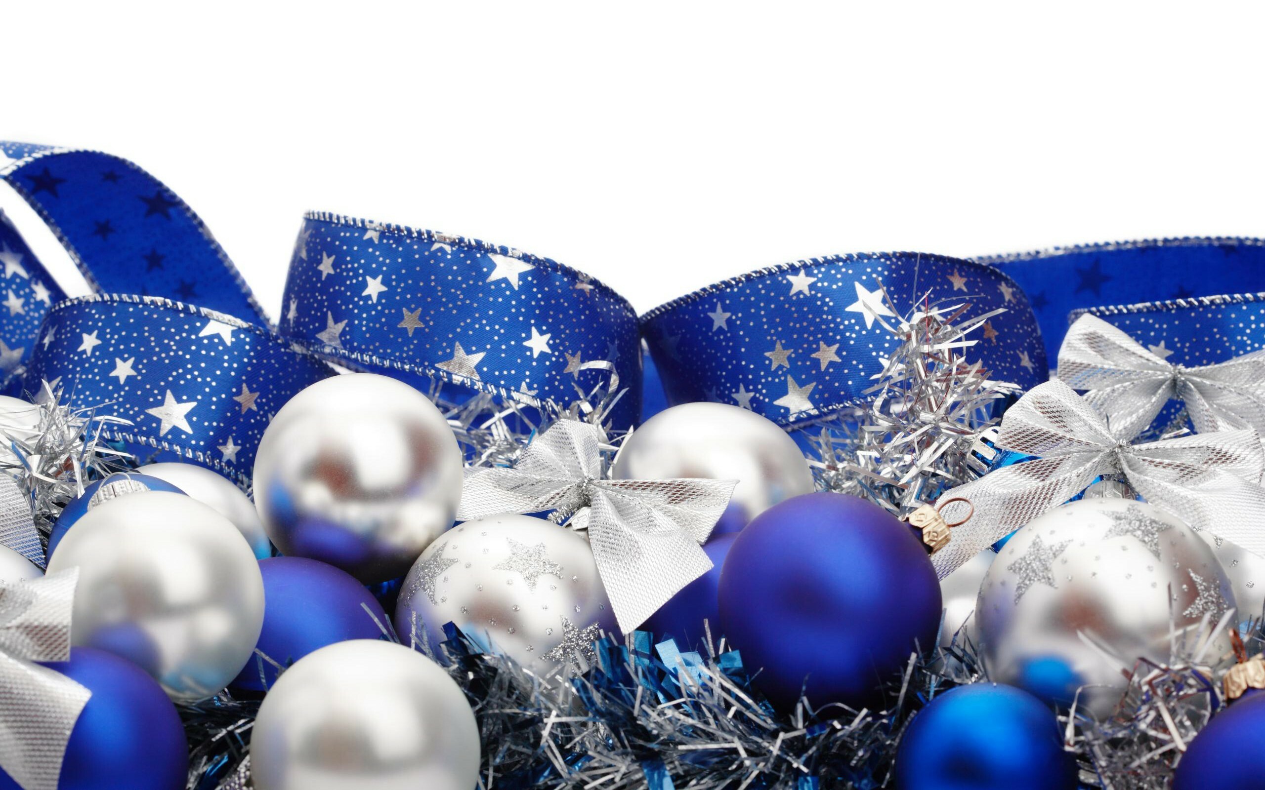 Blue and white ribbons, Christmas ornaments, Elegant background, Whimsical decor, 2560x1600 HD Desktop