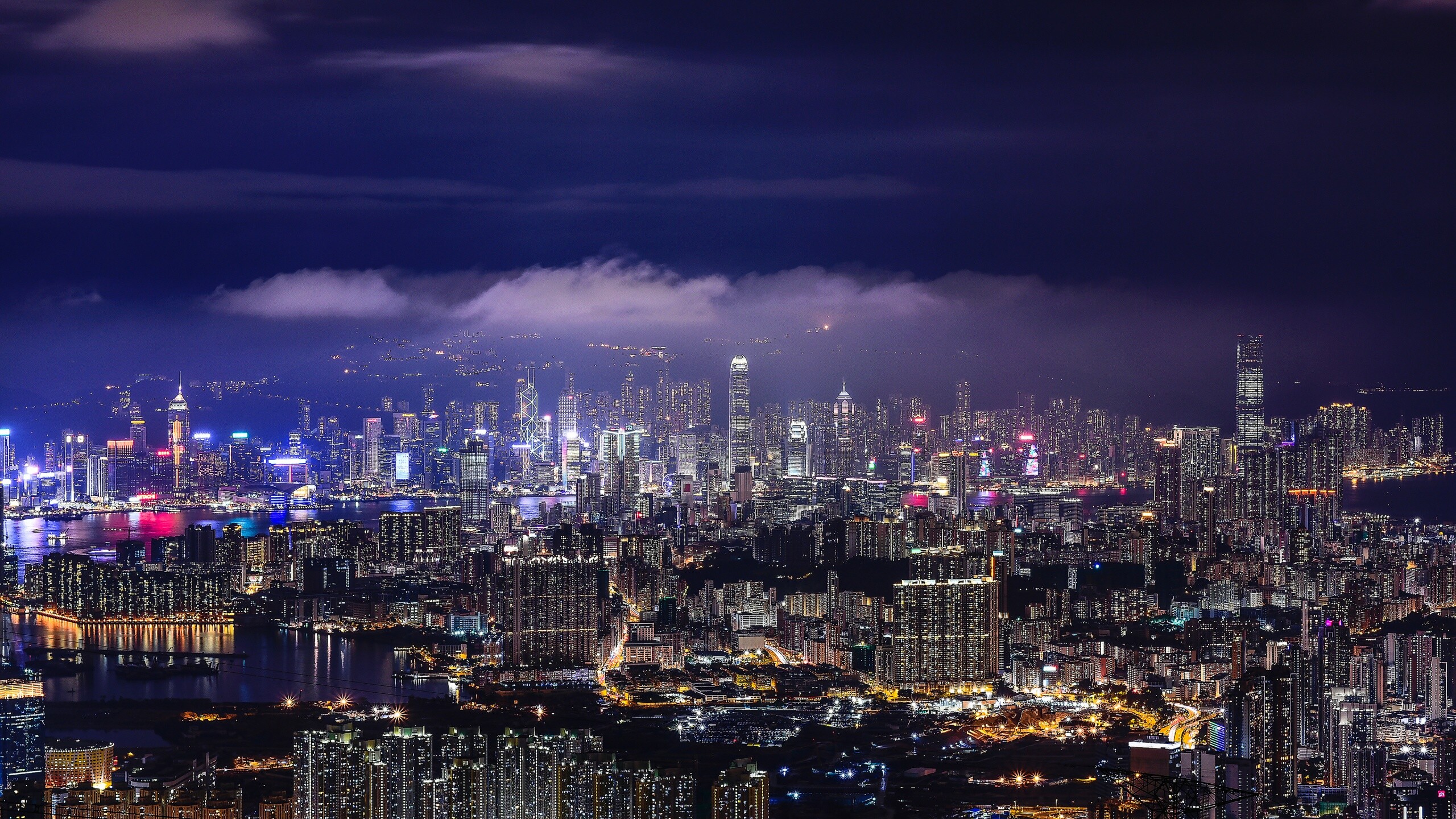 Cityscape wallpaper, Hong Kong at night, City lights, Skyline glory, 2560x1440 HD Desktop