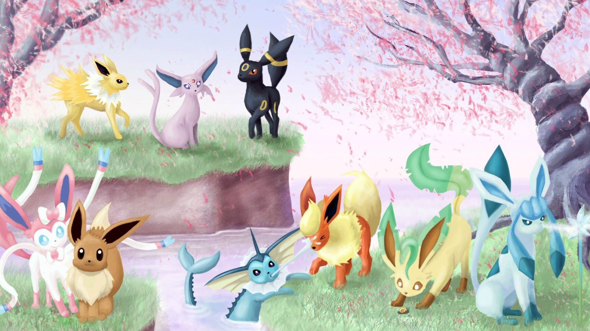 Eevee wallpapers collection, Pokemon fan art, Variety of backgrounds, Visual appeal on PC, 1920x1080 Full HD Desktop