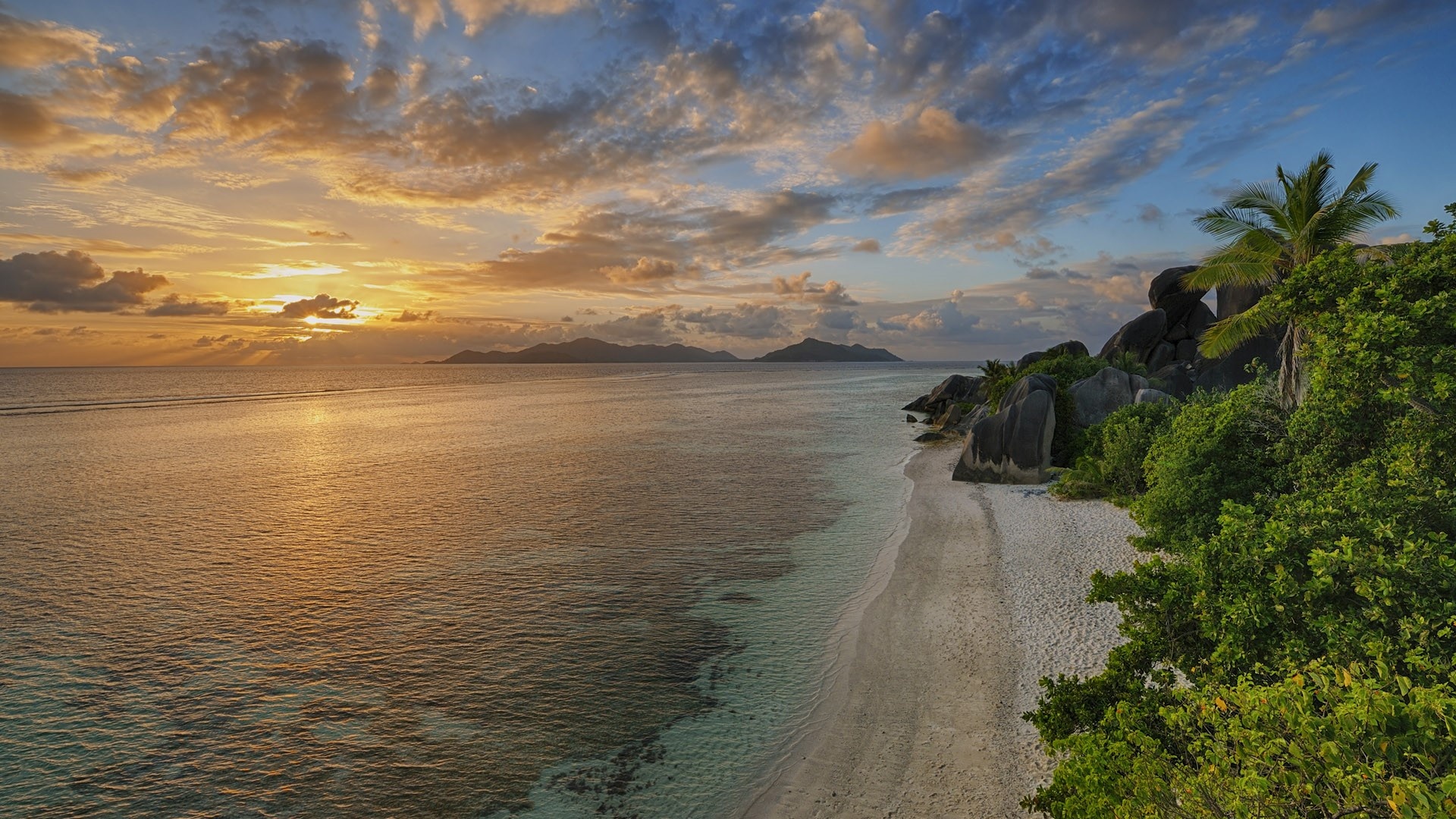 Anse Source Dargent, Sculpted rocks, Palm trees, Sunset, 1920x1080 Full HD Desktop