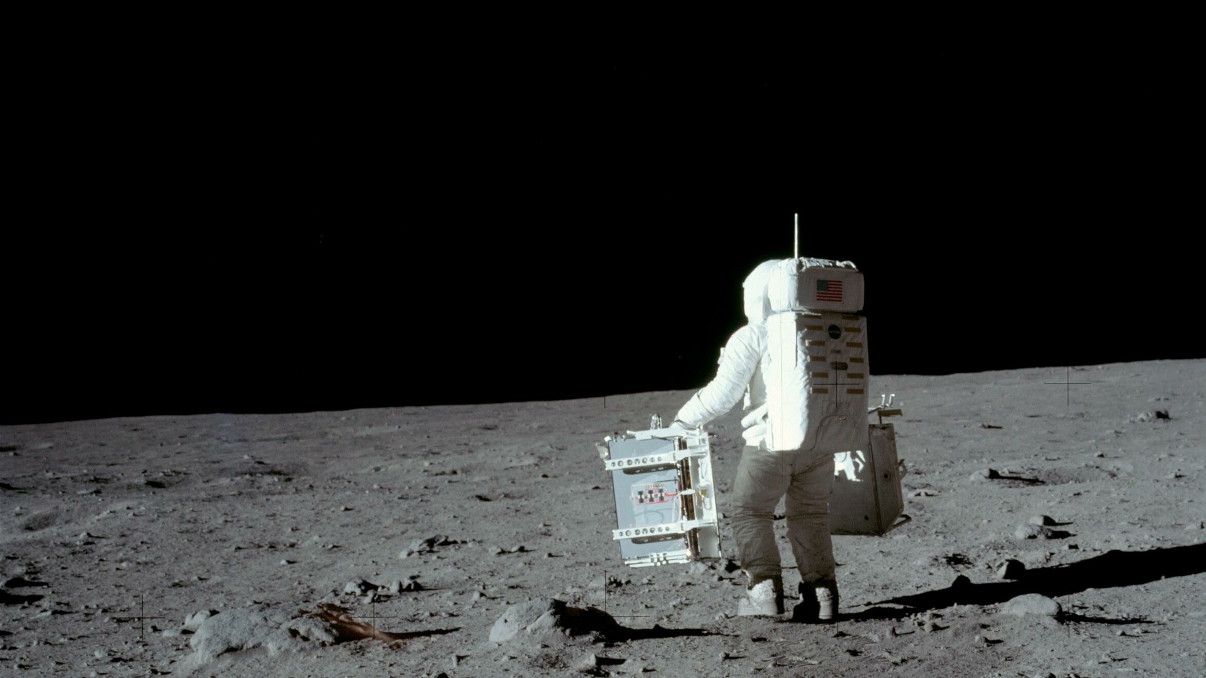 Apollo 11, Buzz Aldrin carrying experiments, Saturn V rocket, High-quality wallpaper, 2350x1330 HD Desktop