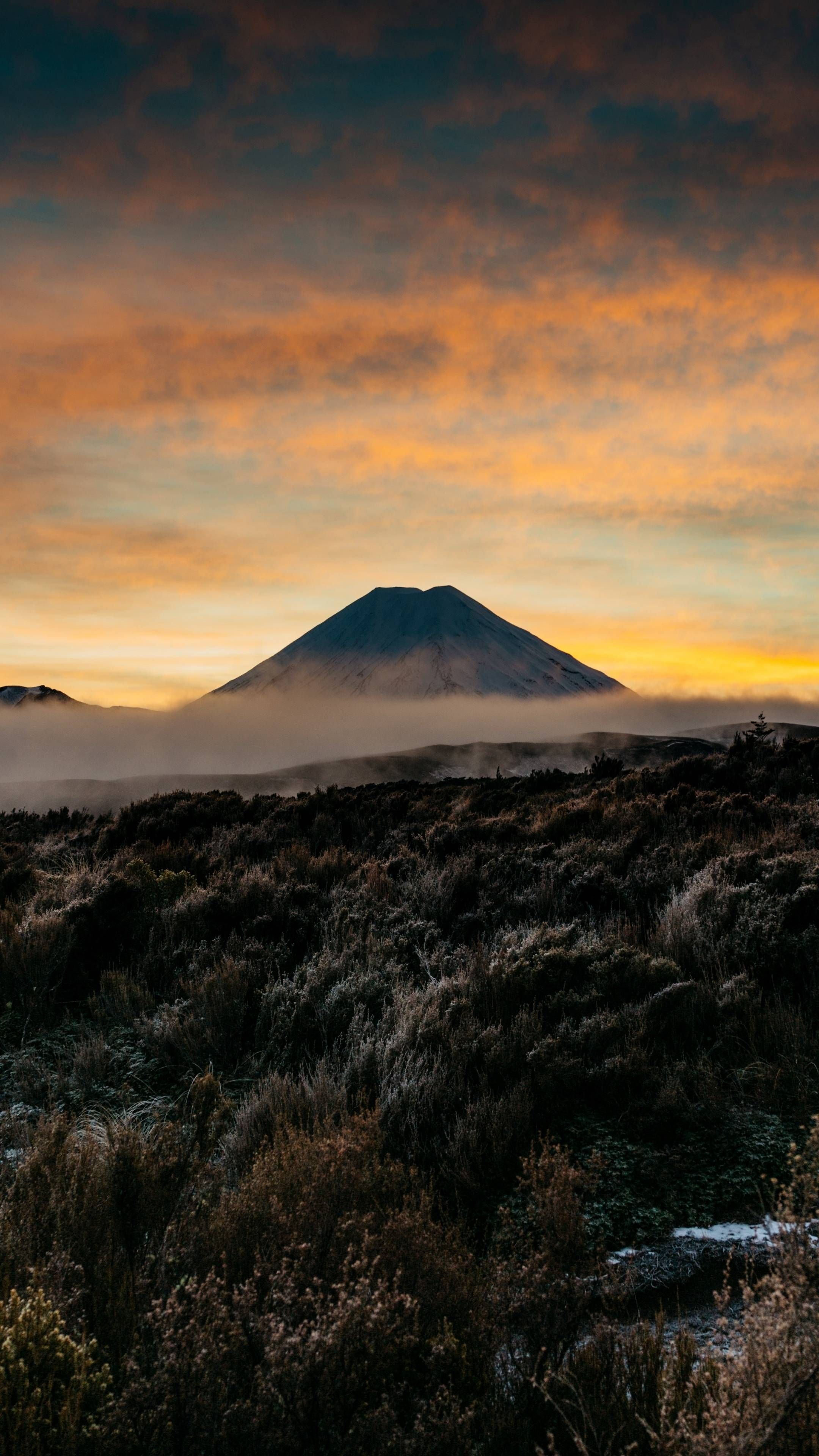 iPhone XS wallpapers, Mountain fog landscape, Twilight scenery, Dark wallpaper, 2160x3840 4K Phone