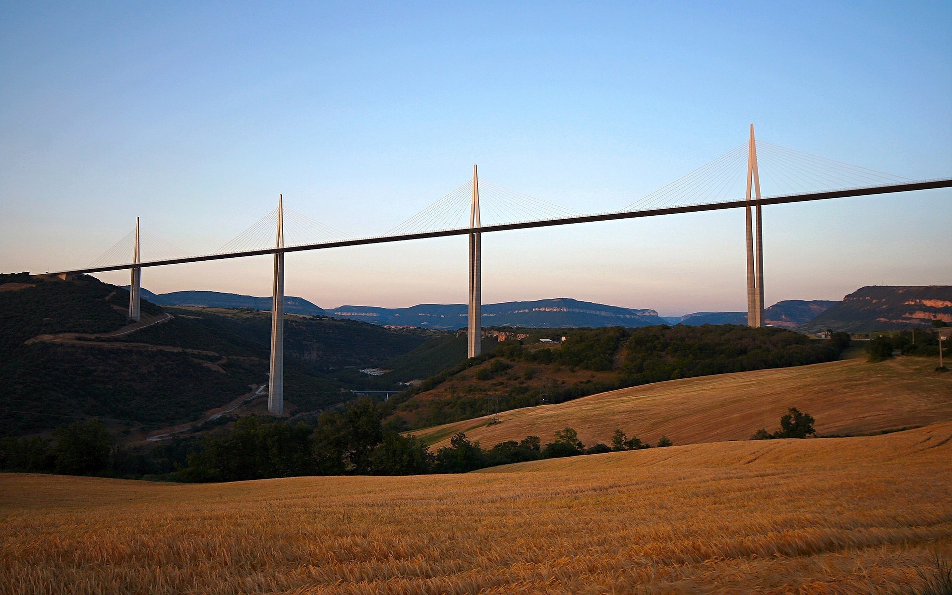 Millau Bridge, France, Sunrise to sunset, Rural beauty, 1920x1200 HD Desktop