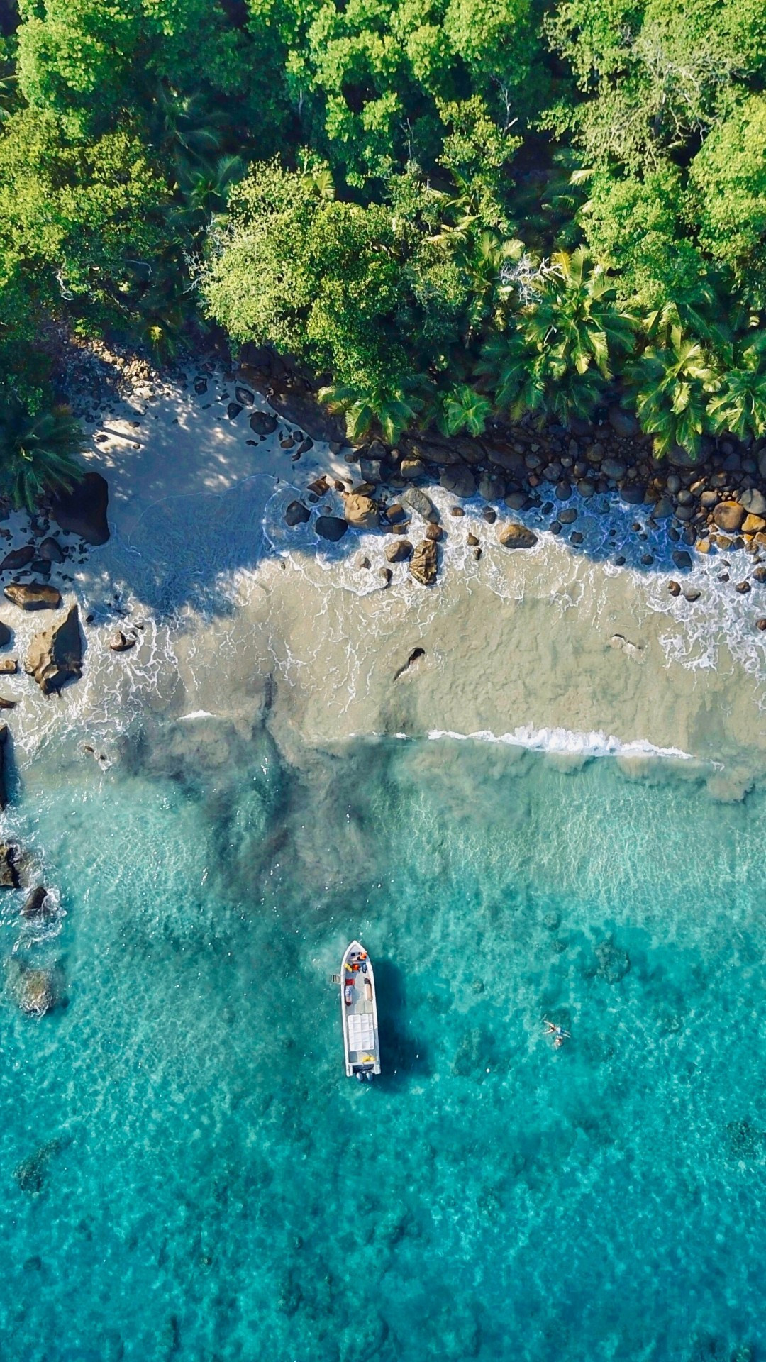 Crystal clear waters, Aerial view, Tropical paradise, Palm trees, 1080x1920 Full HD Phone