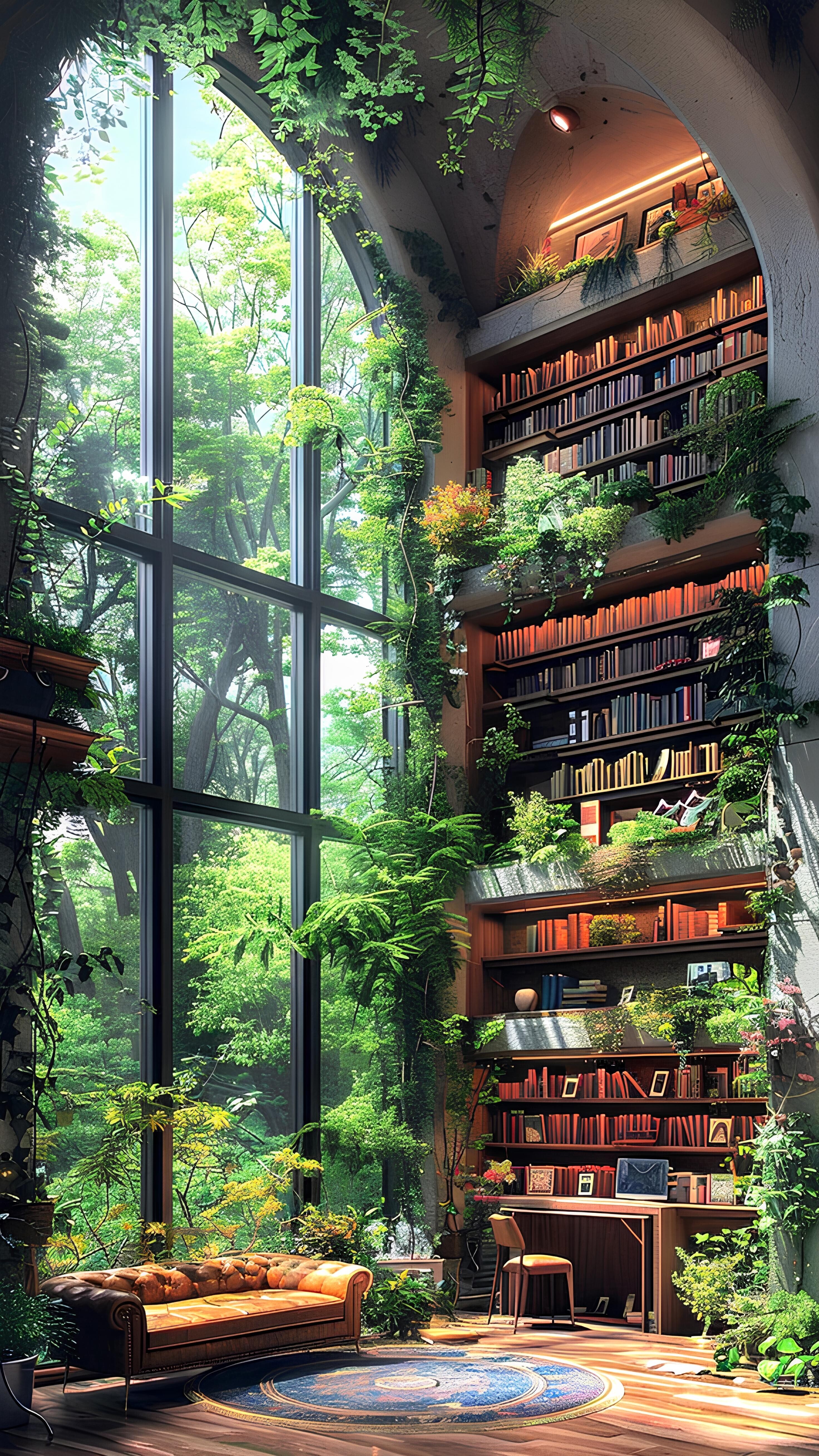 Book Shelves and Plants, Inspirational, AI-Image, Aesthetic Pictures, Retina