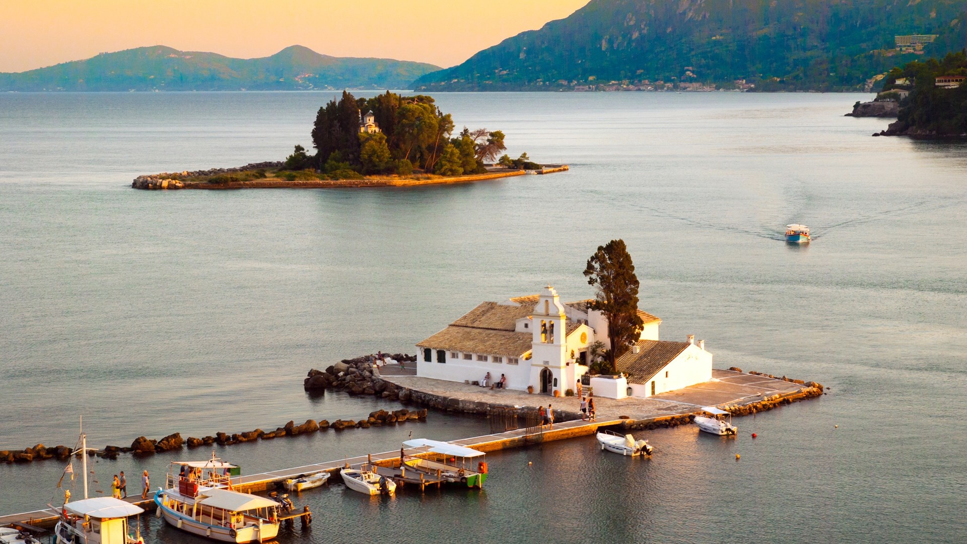 Pontikonisi islet, Vlaherna monastery, Ionian Sea, Corfu, 1920x1080 Full HD Desktop