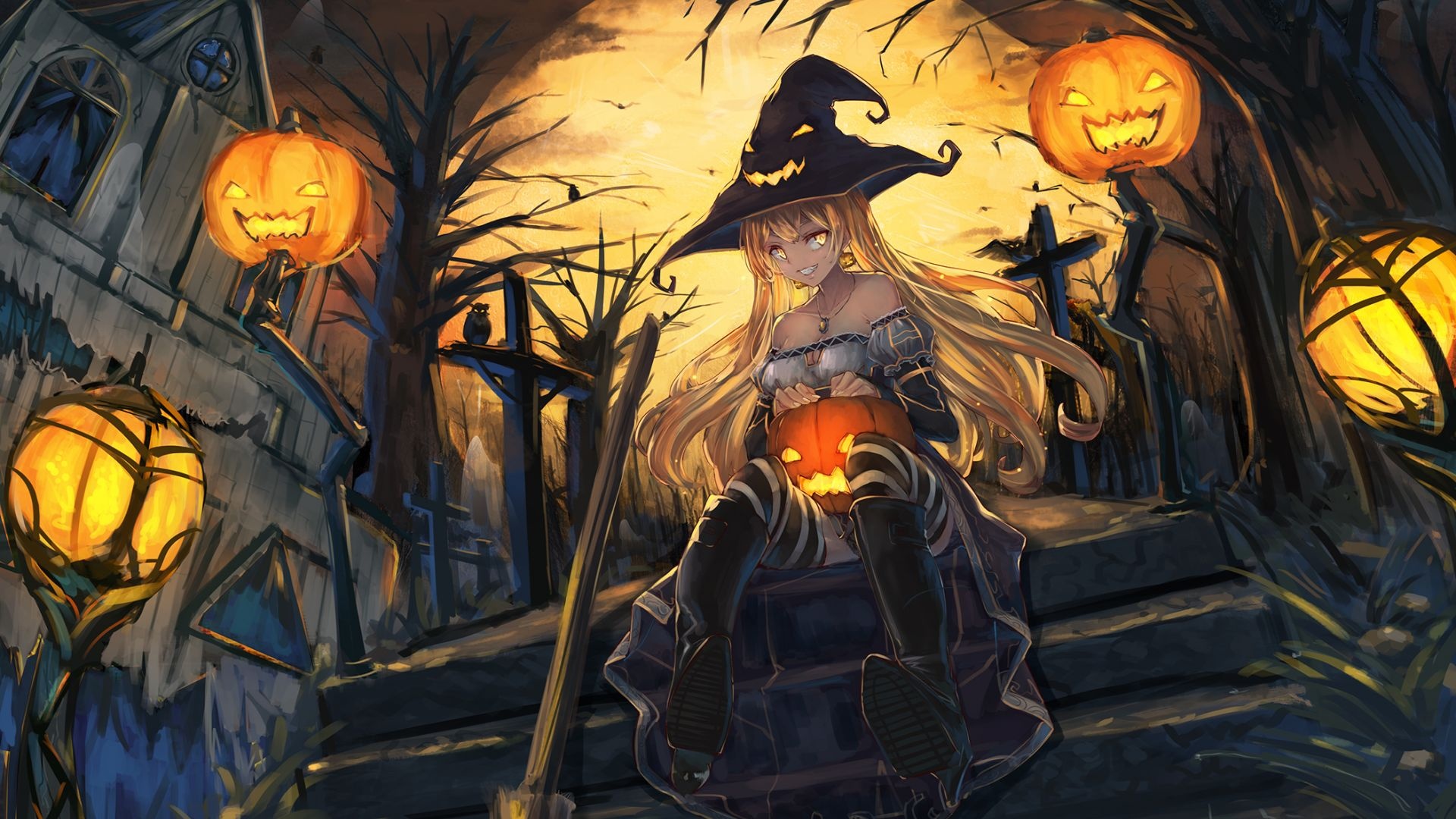 Anime witch wallpaper, Halloween-inspired art, Moonlit fantasy, Thi, 1920x1080 Full HD Desktop