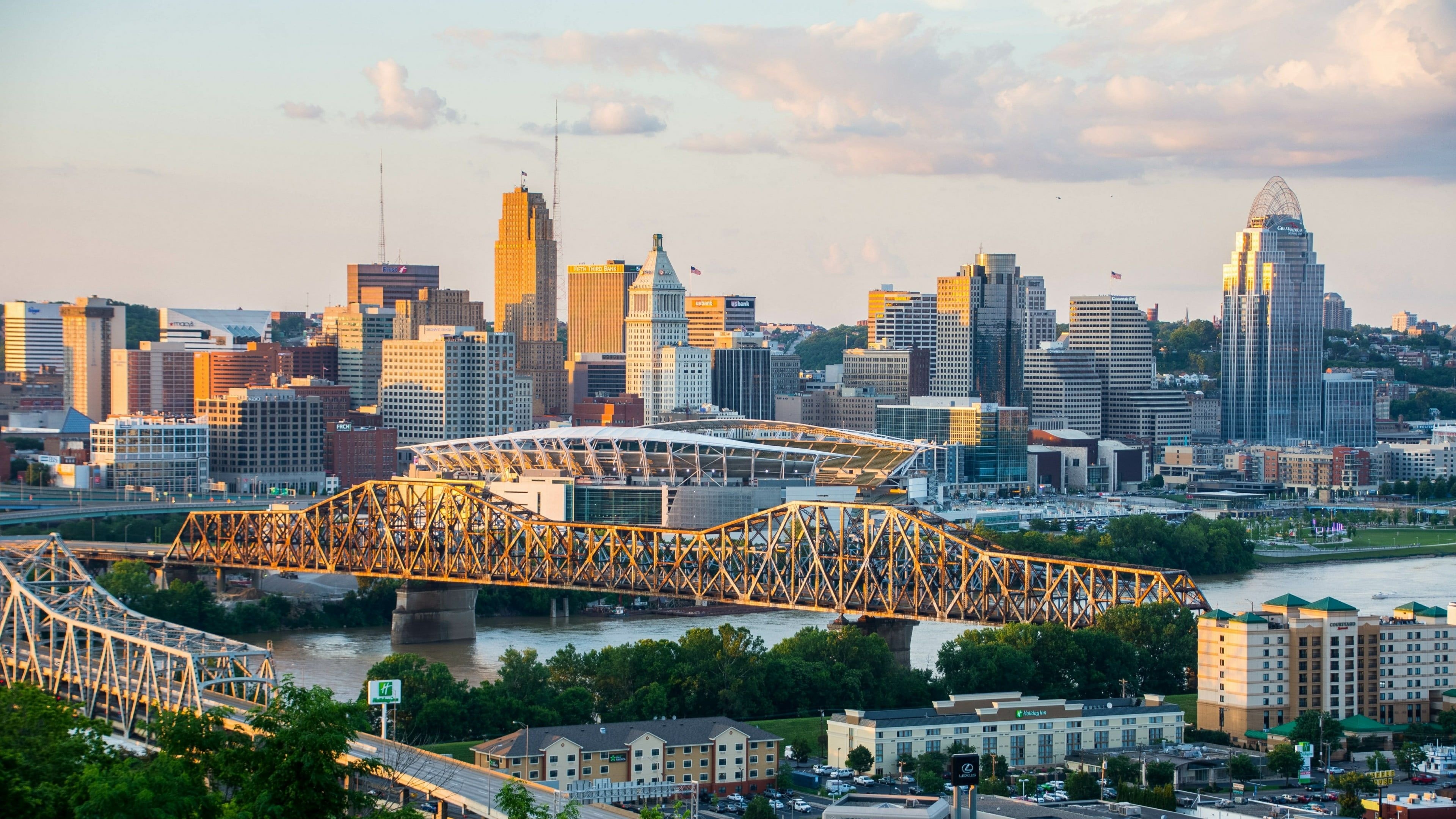 Tower block, Ohio evening bridge, Downtown skyline, Cincinnati, 3840x2160 4K Desktop